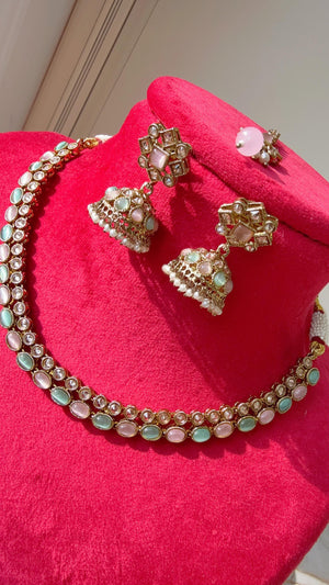 Antique Polki Kundan Mint pink necklace with earrings and Tikka /Wedding necklace/Bridal necklace/Indian necklace/Indian jewelry/