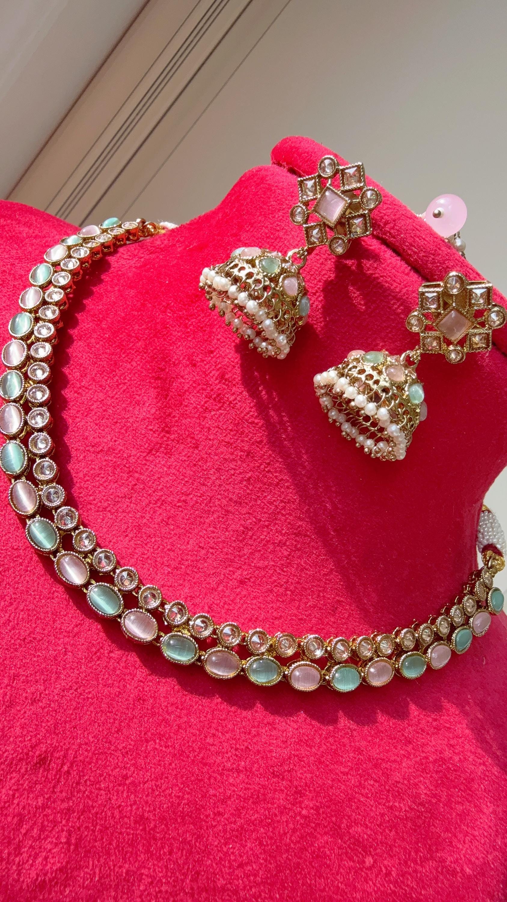 Antique Polki Kundan Mint pink necklace with earrings and Tikka /Wedding necklace/Bridal necklace/Indian necklace/Indian jewelry/