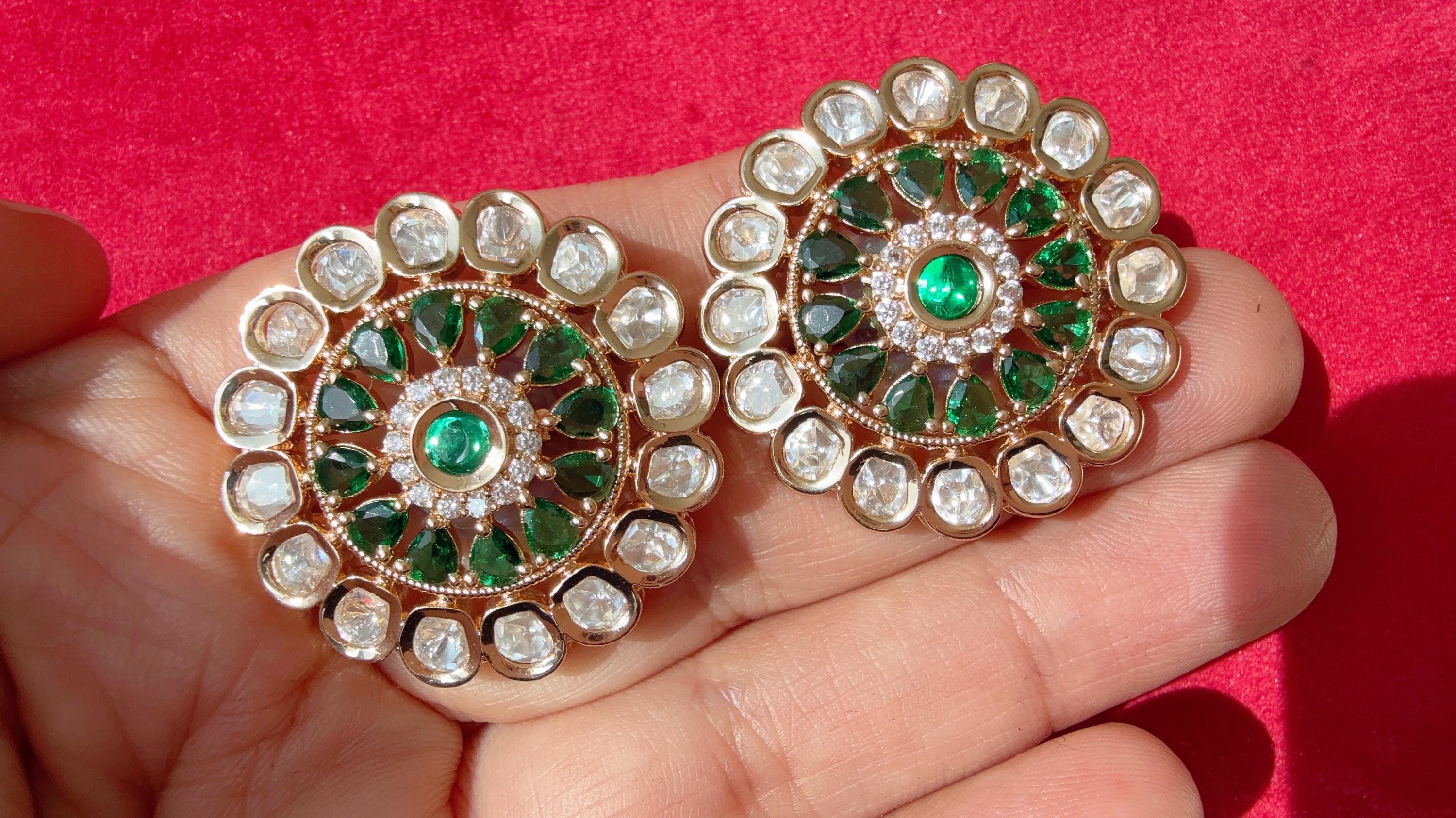 Moissanite Kundan Emerald green Studs /Indian Jewelry /Statement Stud Earring/Kundan Stud Earrings/Cz Studs/Diamond Studs