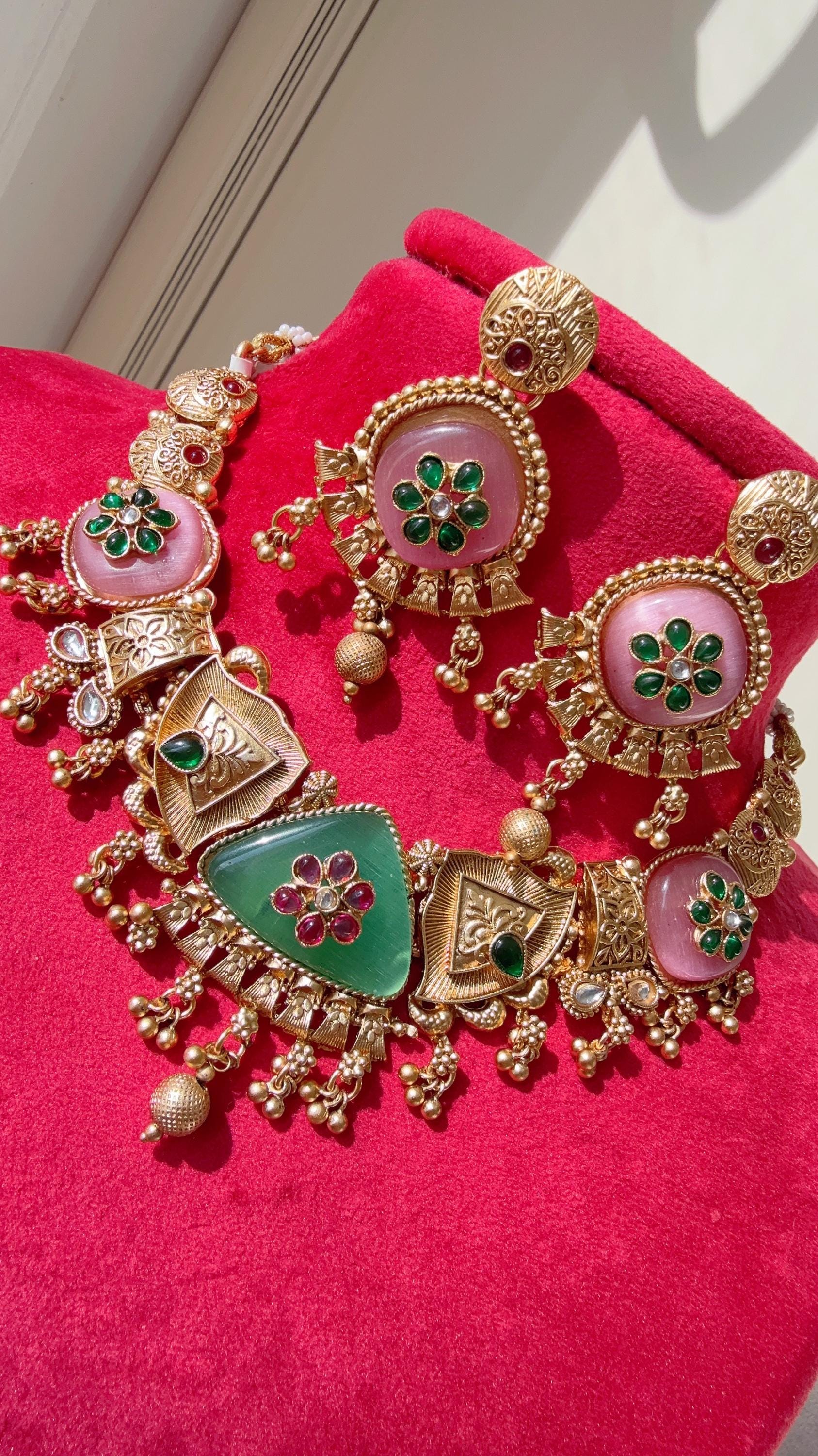 Heritage inspired Kundan & Mint Pink Ruby Stone Necklace Set //Kundan Heritage Necklace Set//Bridal Mint pink necklace