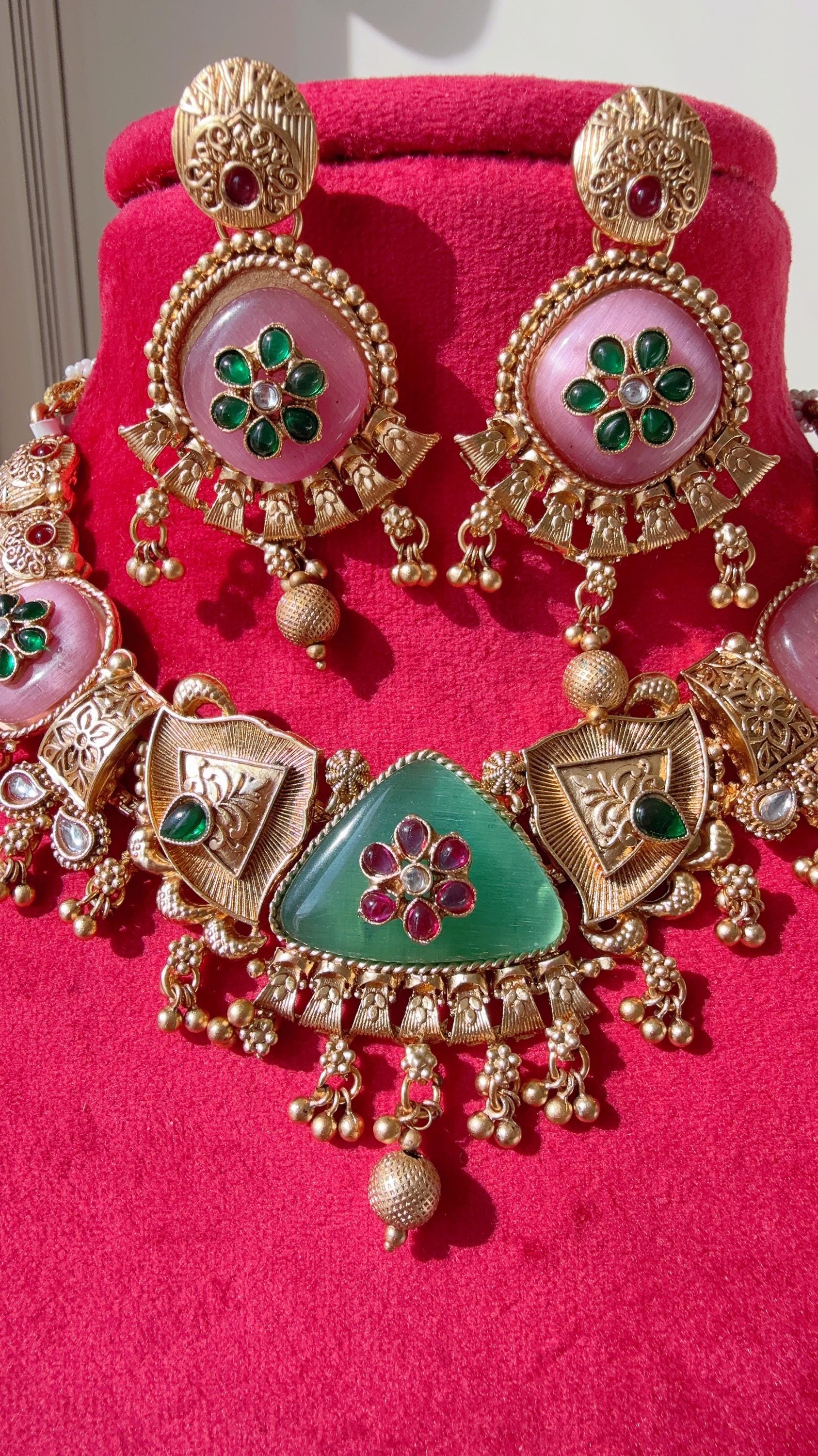 Heritage inspired Kundan & Mint Pink Ruby Stone Necklace Set //Kundan Heritage Necklace Set//Bridal Mint pink necklace