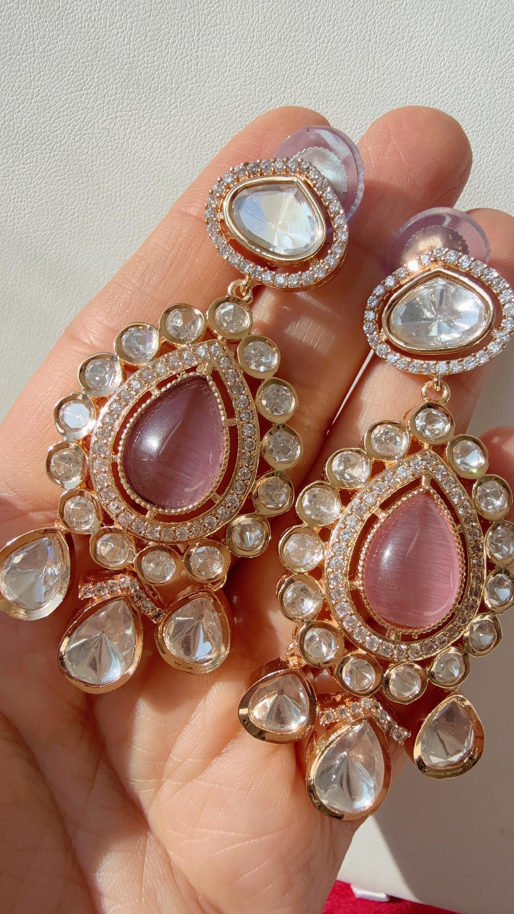 Sabyasachi-Inspired Moissanite kundan Earrings/Elegant Statement Jewelry/Baby pink diamond Moissanite Earrings/Bridal Diamond earrings