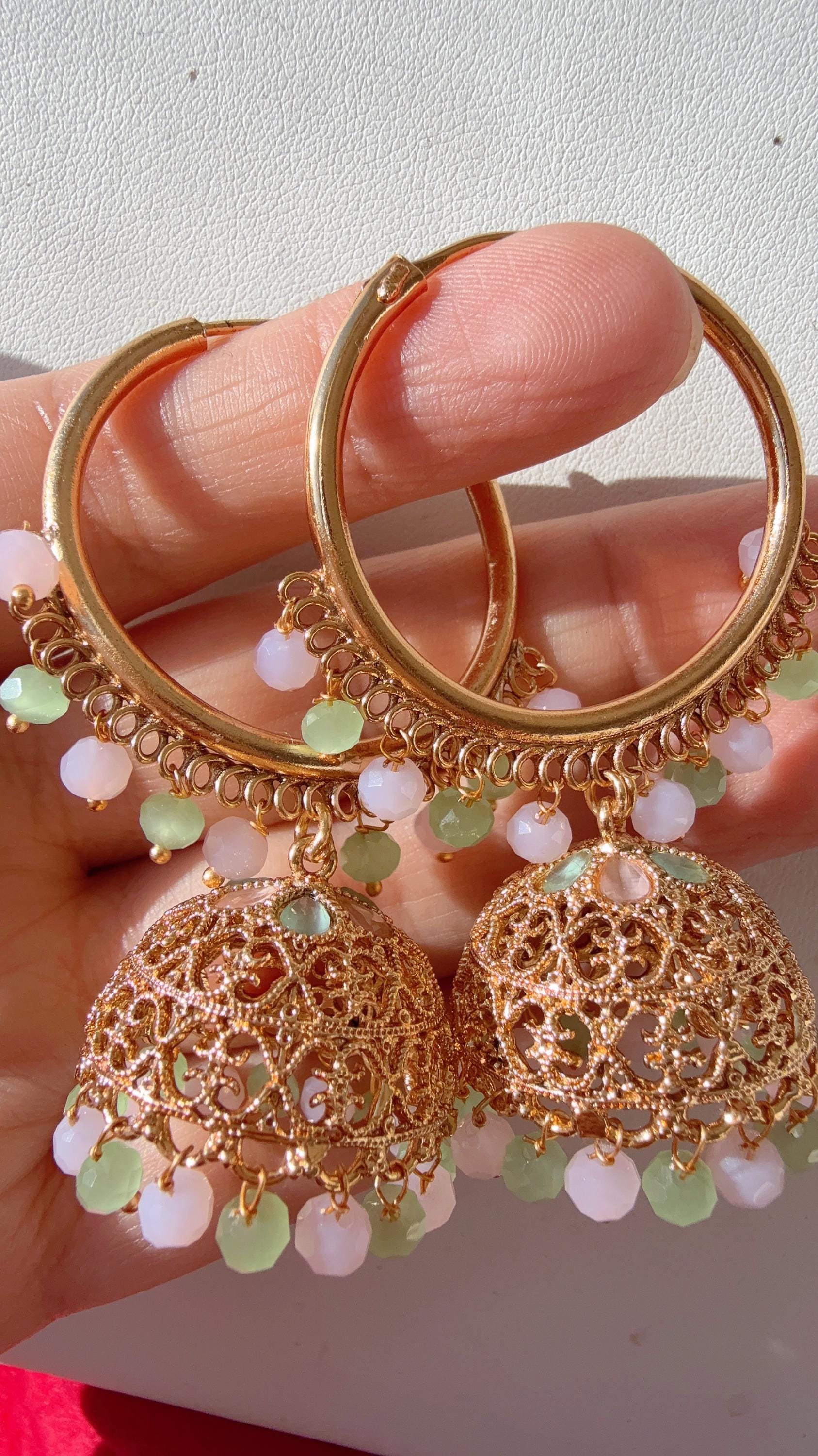 Kundan Polki hoops Mint pink Earrings Punjabi Bali Hoops /Indian Earrings/Indian Wedding Sangeet Jewelry /Kundan Jhumka /Bridesmaid Jewelry