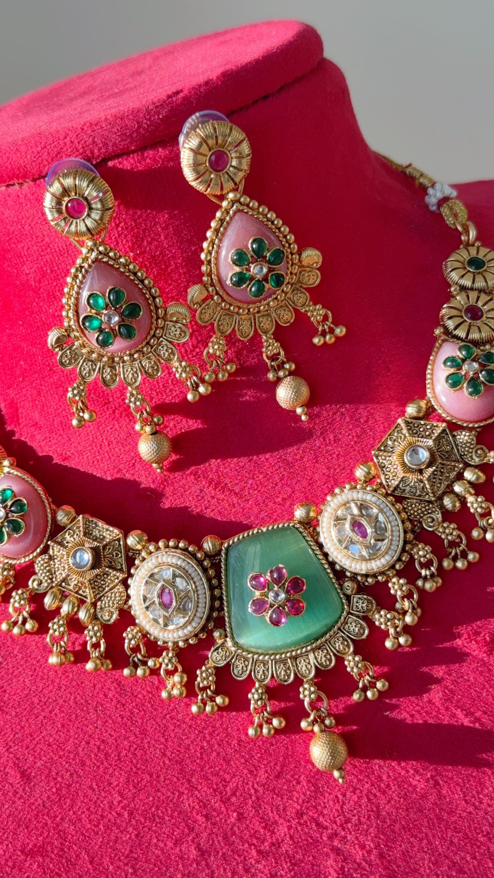 Heritage inspired Kundan Mint Pink Stone Necklace Set //Kundan Heritage Necklace Set//Bridal Mint pink necklace