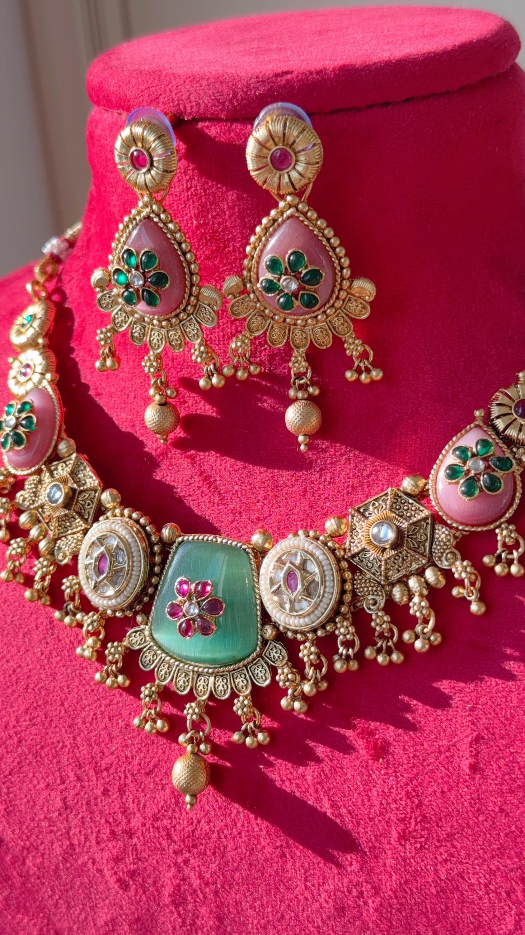 Heritage inspired Kundan Mint Pink Stone Necklace Set //Kundan Heritage Necklace Set//Bridal Mint pink necklace
