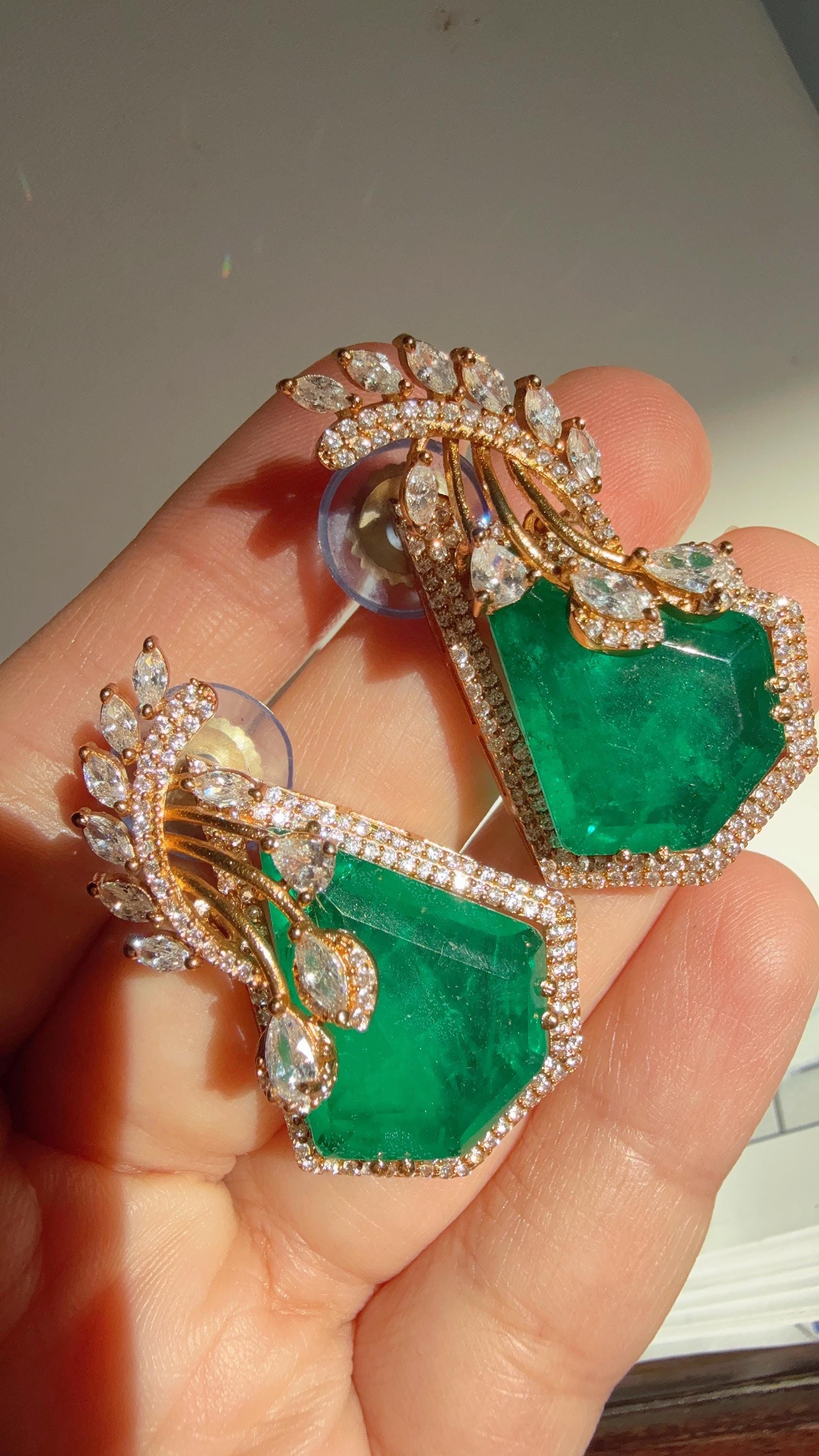 Green Emerald precious doublet Stone studs Earrings/Moissanite diamond Kundan Studs /Indian Jewelry /Statement Stud Earring/