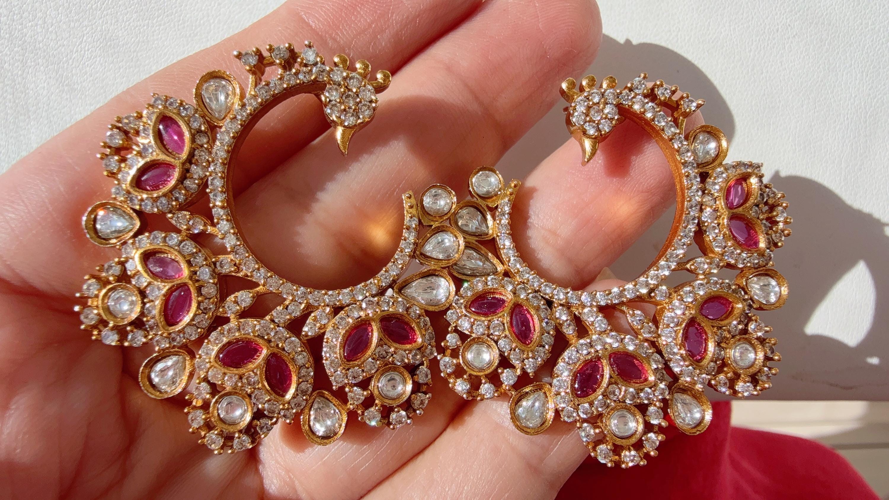 Jumbo diamond peacock Stud Earrings/Moissanite Kundan Ruby Studs /Indian Jewelry / /Diamond Ruby Studs