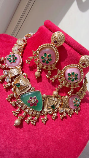 Heritage inspired Kundan & Mint Pink Ruby Stone Necklace Set //Kundan Heritage Necklace Set//Bridal Mint pink necklace