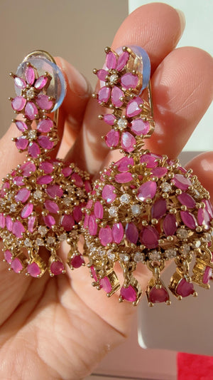 Ruby Antique gold Luminous diamond jhumka Earrings next to real/ Indian Jewelry Indian Earrings/American Diamond jhumka/CZ Earrings/