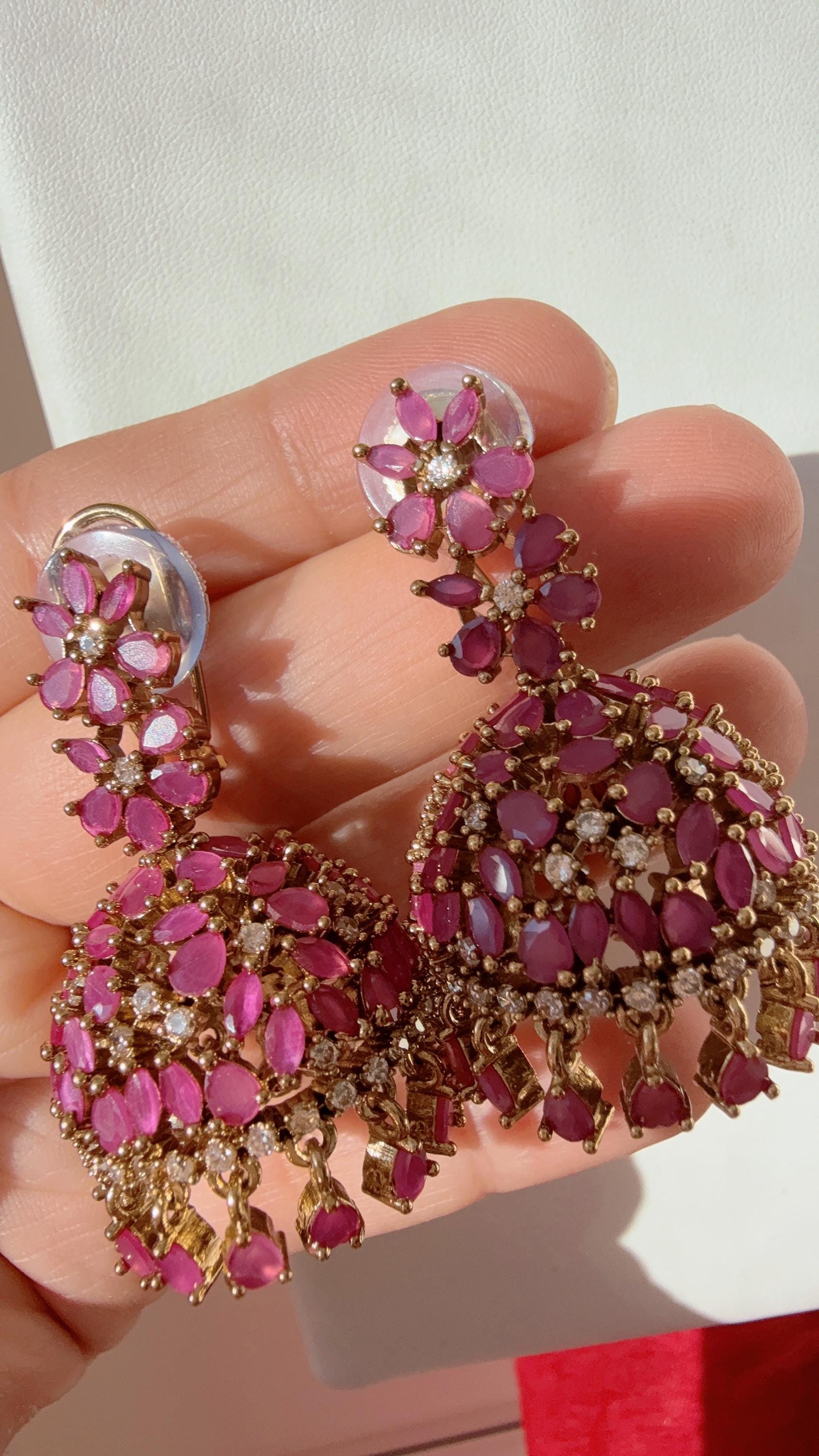 Ruby Antique gold Luminous diamond jhumka Earrings next to real/ Indian Jewelry Indian Earrings/American Diamond jhumka/CZ Earrings/