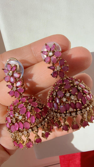 Ruby Antique gold Luminous diamond jhumka Earrings next to real/ Indian Jewelry Indian Earrings/American Diamond jhumka/CZ Earrings/