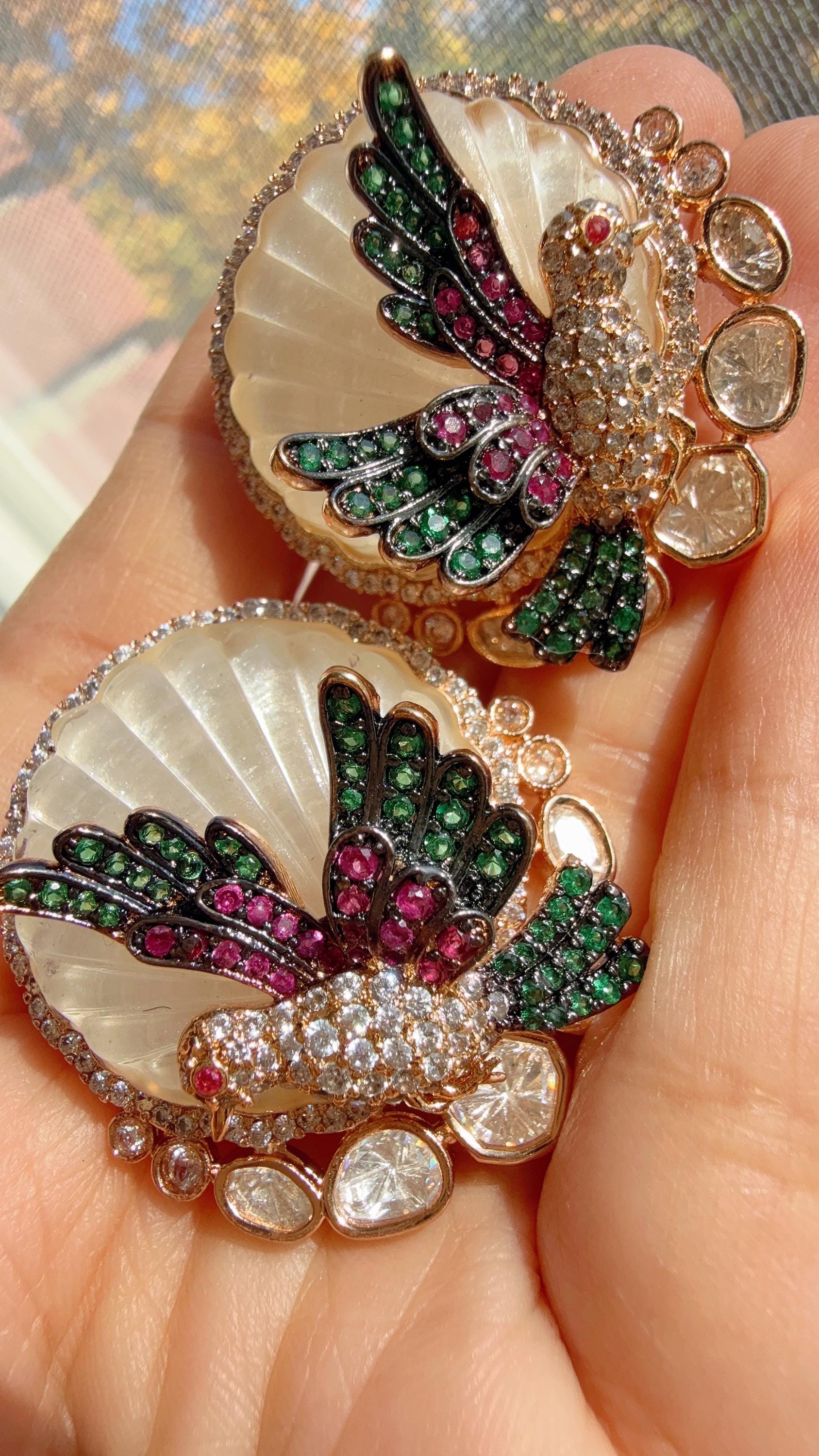 Gold Moissanite diamond Studs next to real /Indian Jewelry /Mother of pearl Statement earrings tops