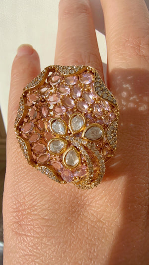Bridal Moissanite Baby pink Ring/ Diamond Statement Ring /Indian Wedding jewelry/luxurious cocktail finger ring