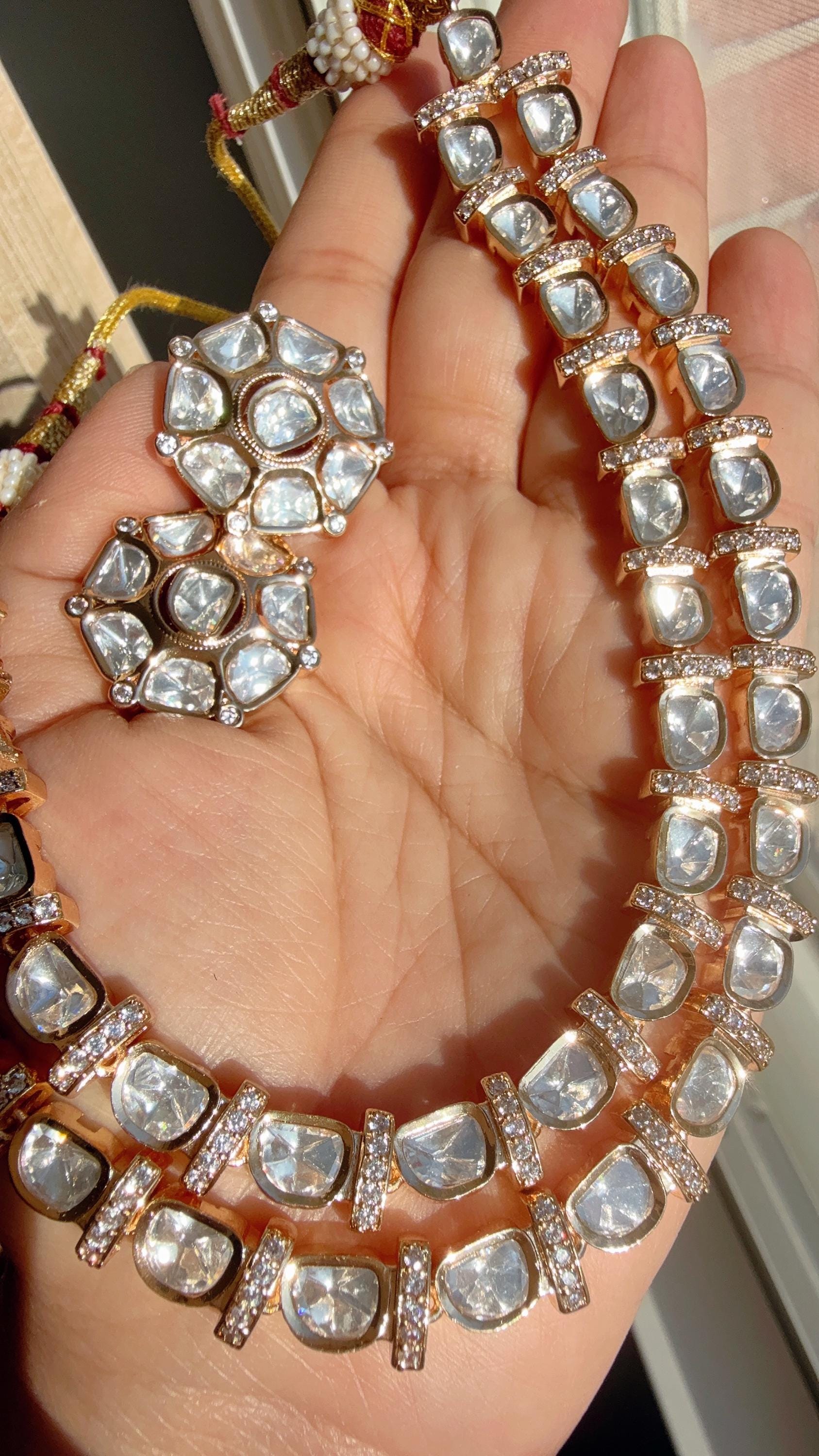 Double strand Moissanite diamond Gold Plated necklace/Kundan Jewelry Moissanite necklace set/diamond Necklace /Indian Bridal Jewelry