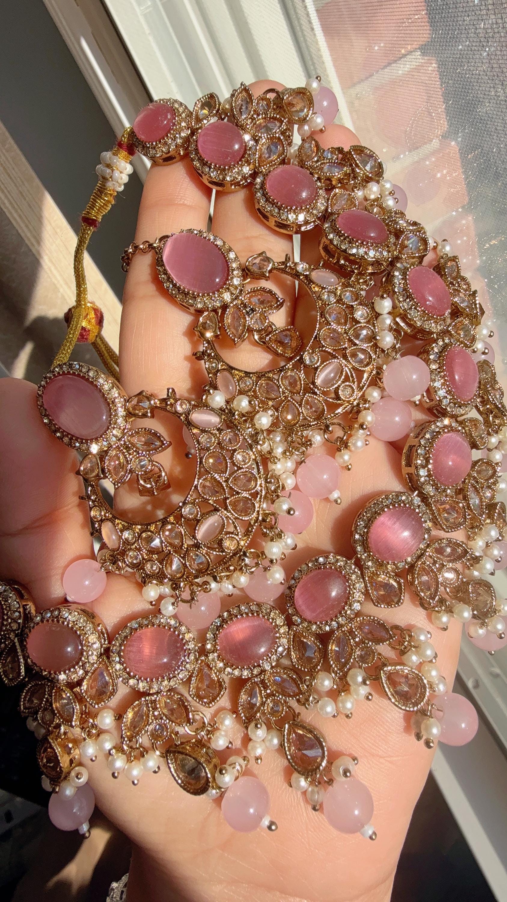 Antique Baby Pink kundan Polki Kundan necklace Set Chandbali and Tikka /bridal necklace/Indian wedding jewelry/Bridal necklace set/