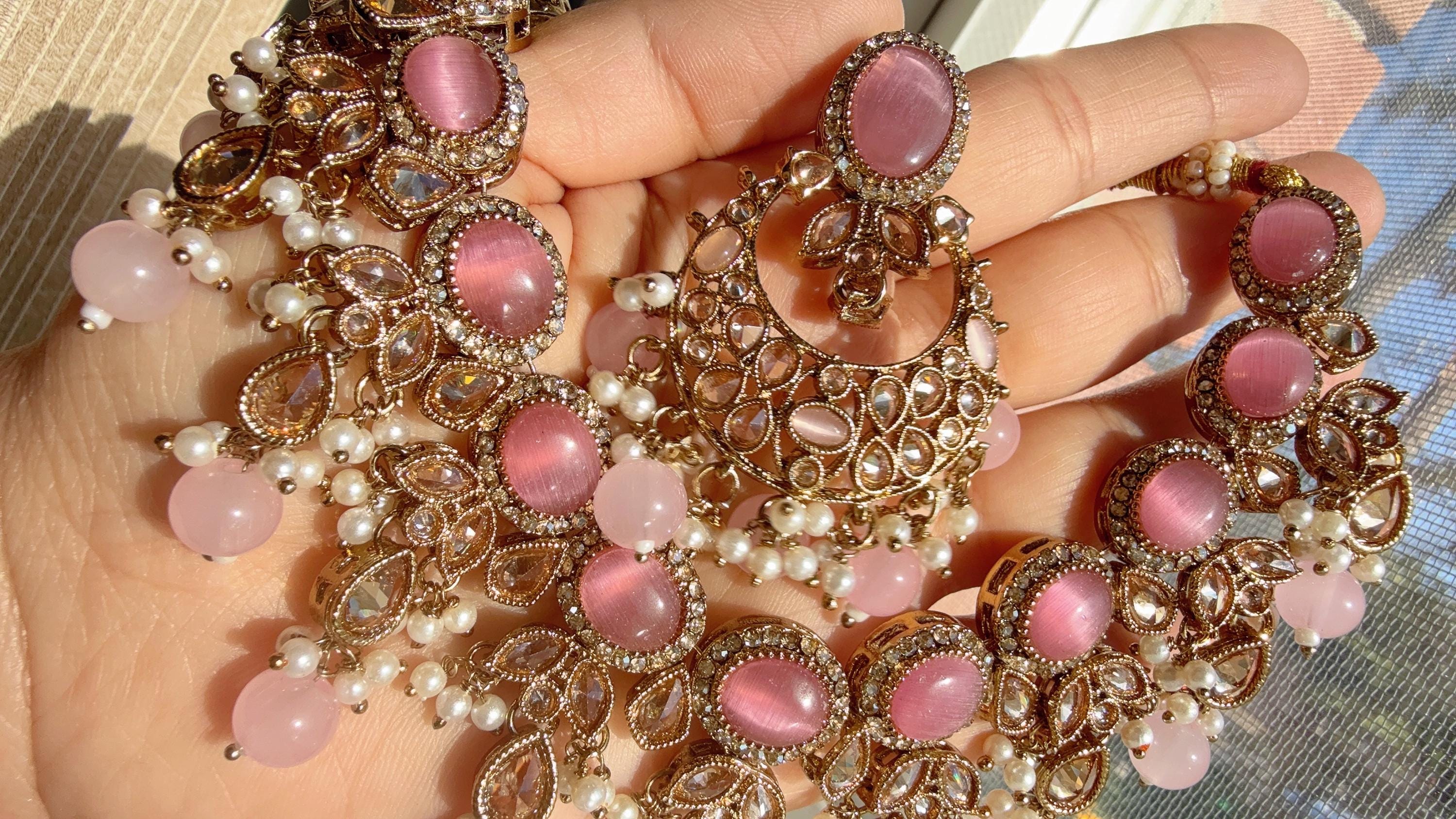 Antique Baby Pink kundan Polki Kundan necklace Set Chandbali and Tikka /bridal necklace/Indian wedding jewelry/Bridal necklace set/
