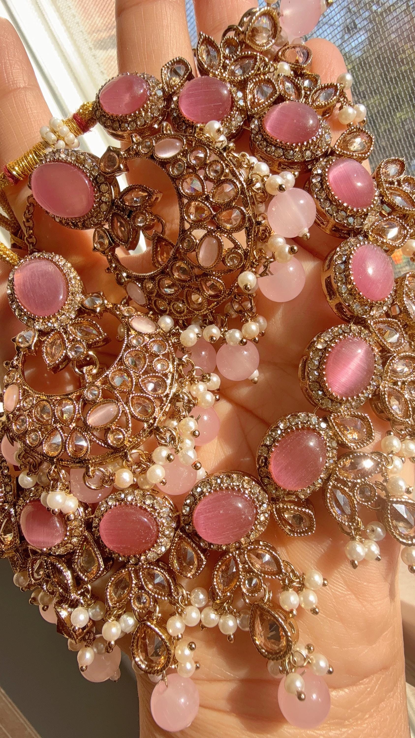 Antique Baby Pink kundan Polki Kundan necklace Set Chandbali and Tikka /bridal necklace/Indian wedding jewelry/Bridal necklace set/