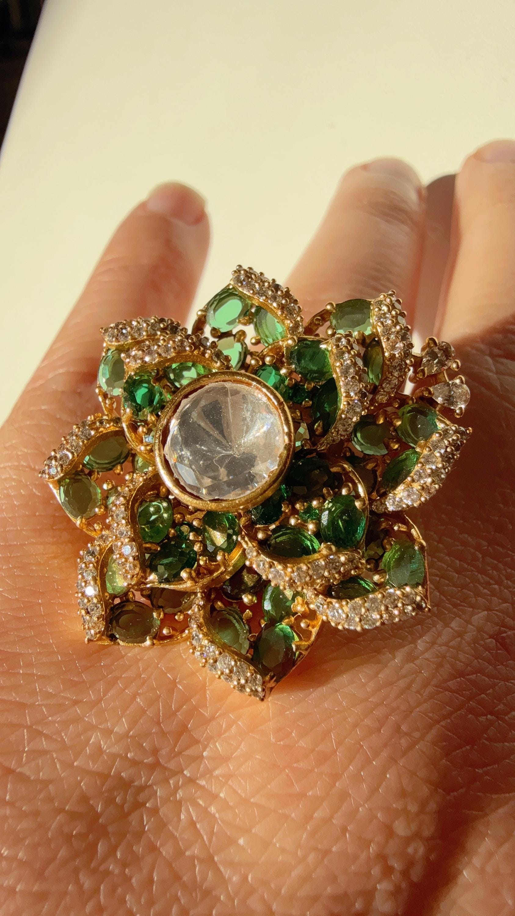 Pave setting Bridal Moissanite flower green diamond Ring /Indian Wedding jewelry/luxurious cocktail finger ring