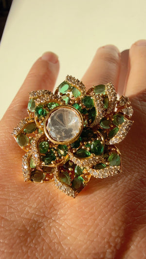 Pave setting Bridal Moissanite flower green diamond Ring /Indian Wedding jewelry/luxurious cocktail finger ring