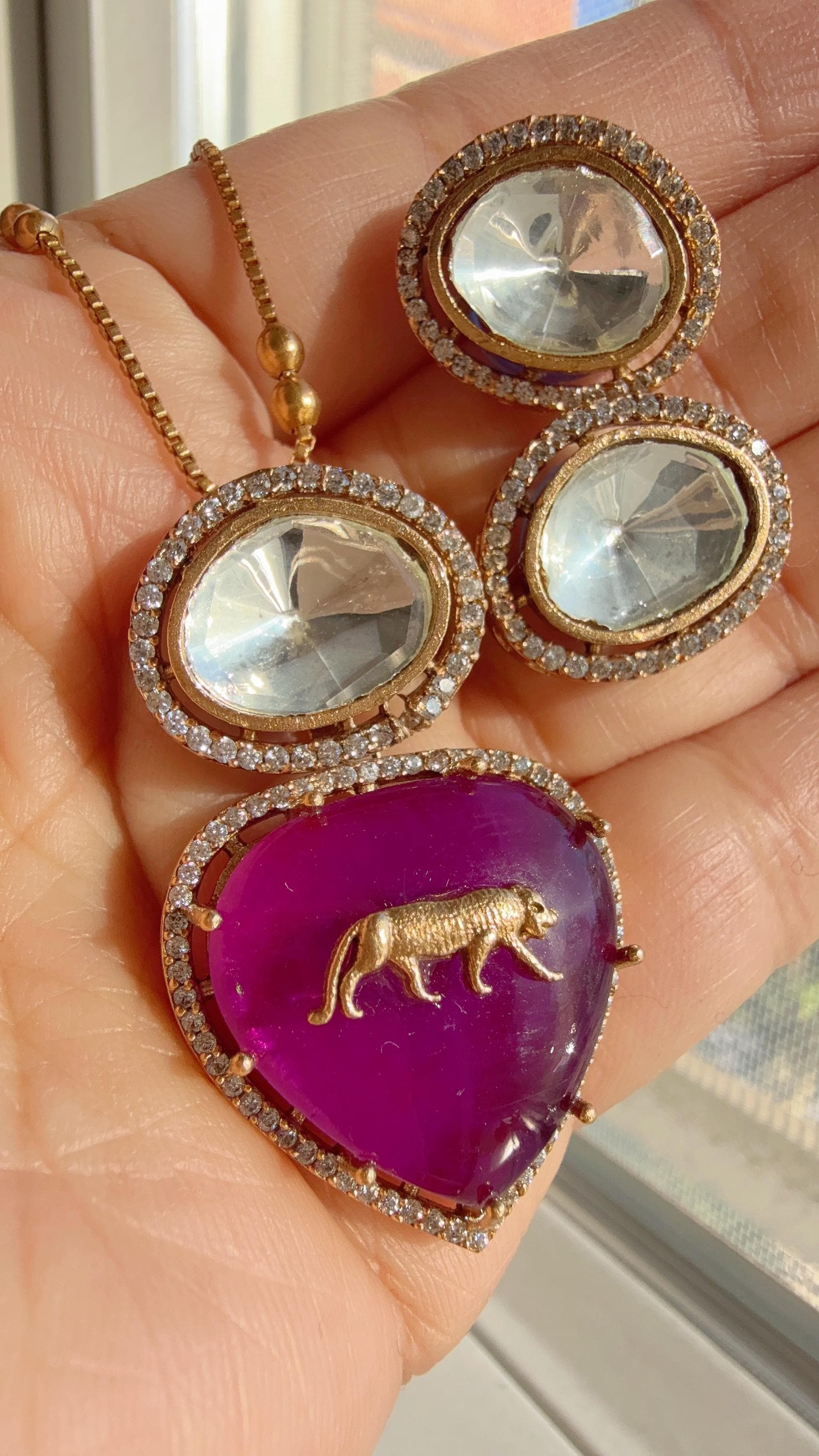 Sabyasachi Inspired Pendant Set with Jaguar on Natural Stone/Kundan Moissanite Necklace studs set / Indian Jewelry/Moissanite Pendant Set