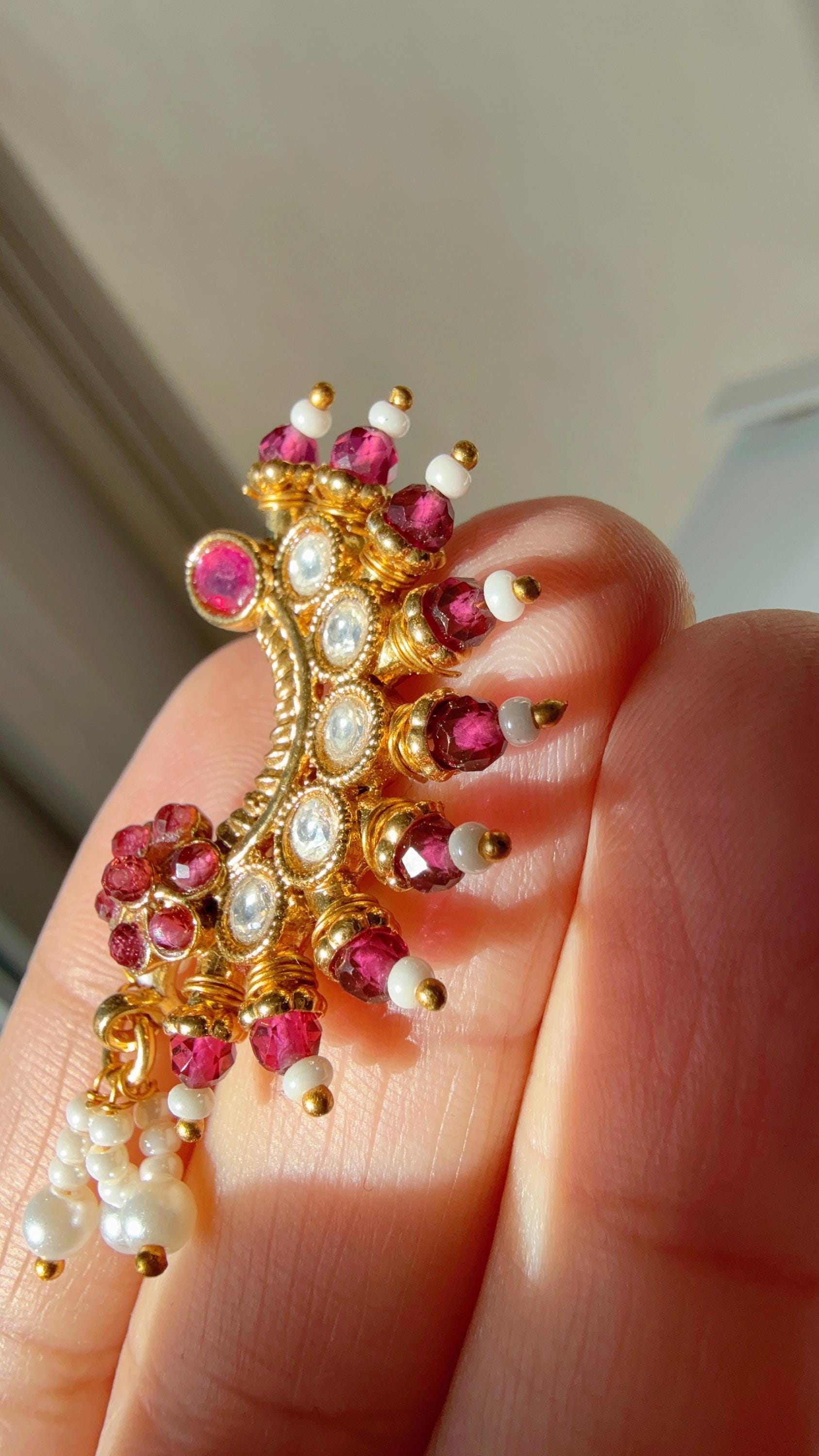Marathi nose ring/Gold Nath/Indian Jewelry /Bridal Nath/No piercing Required/Ruby Green set