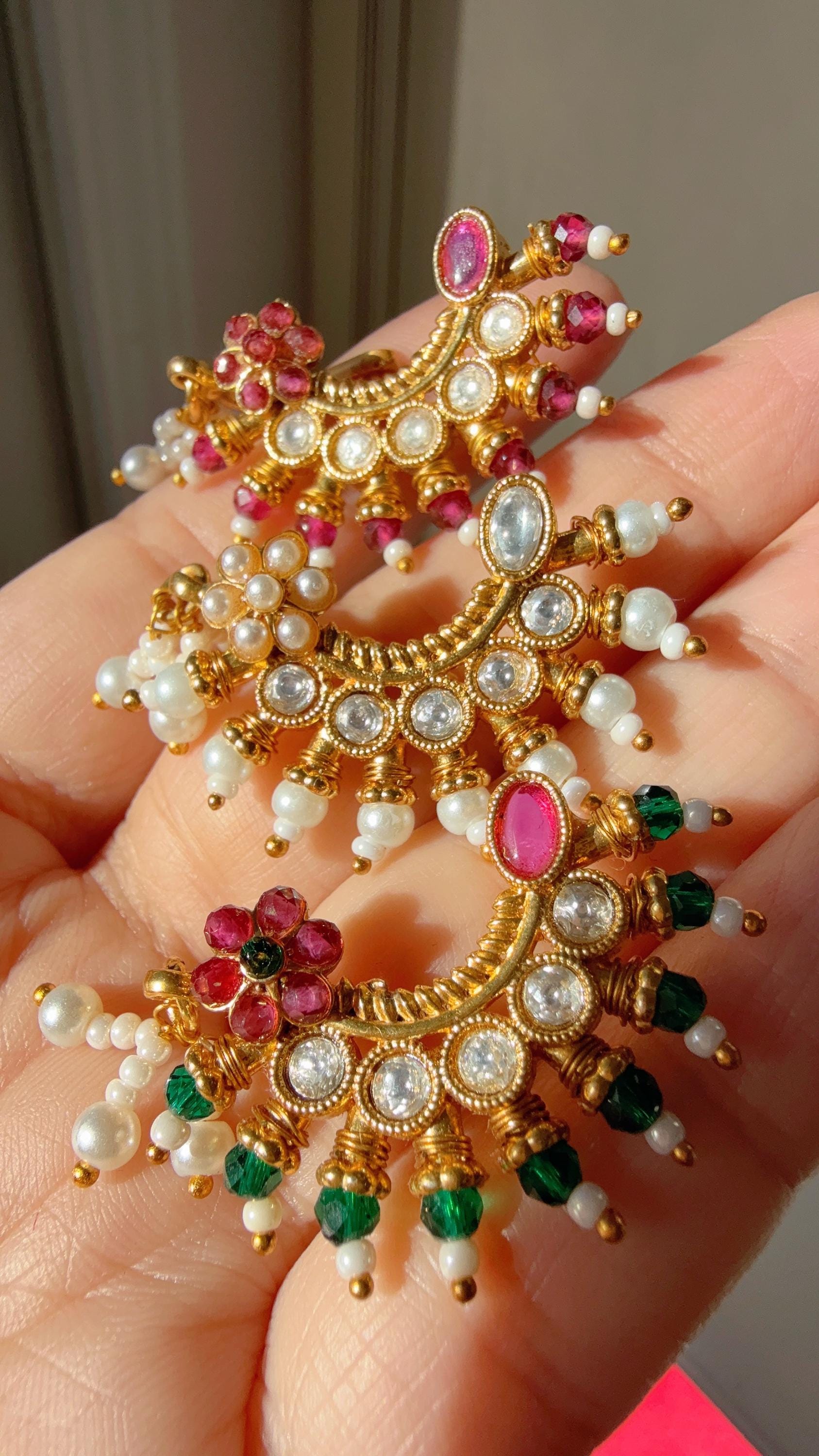 Marathi nose ring/Gold Nath/Indian Jewelry /Bridal Nath/No piercing Required/Ruby Green set