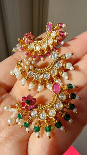 Marathi nose ring/Gold Nath/Indian Jewelry /Bridal Nath/No piercing Required/Ruby Green set