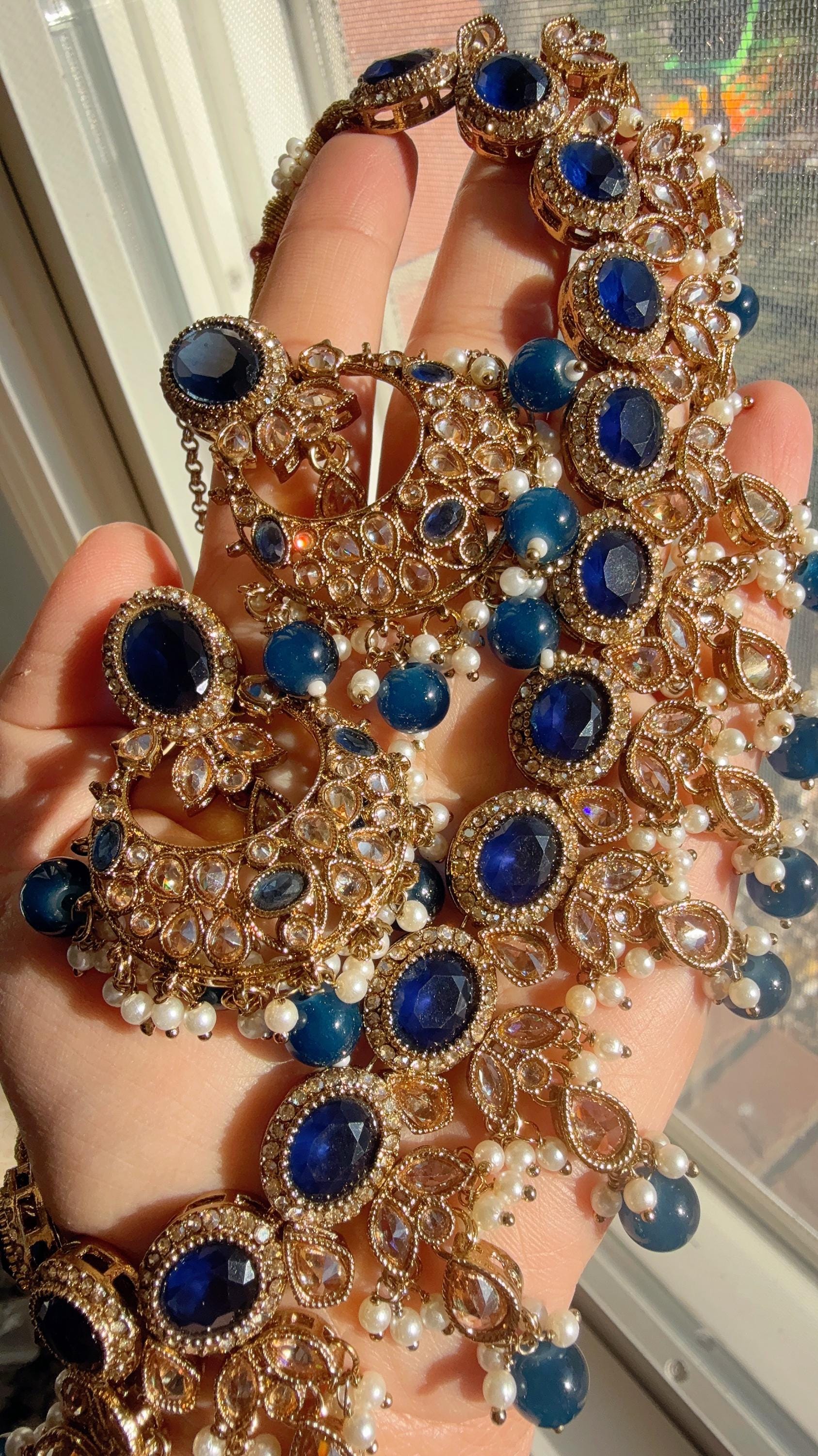 Antique Polki Kundan necklace with earrings and Tikka /Wedding necklace/Bridal necklace/Indian necklace/Indian jewelry/Polki necklace
