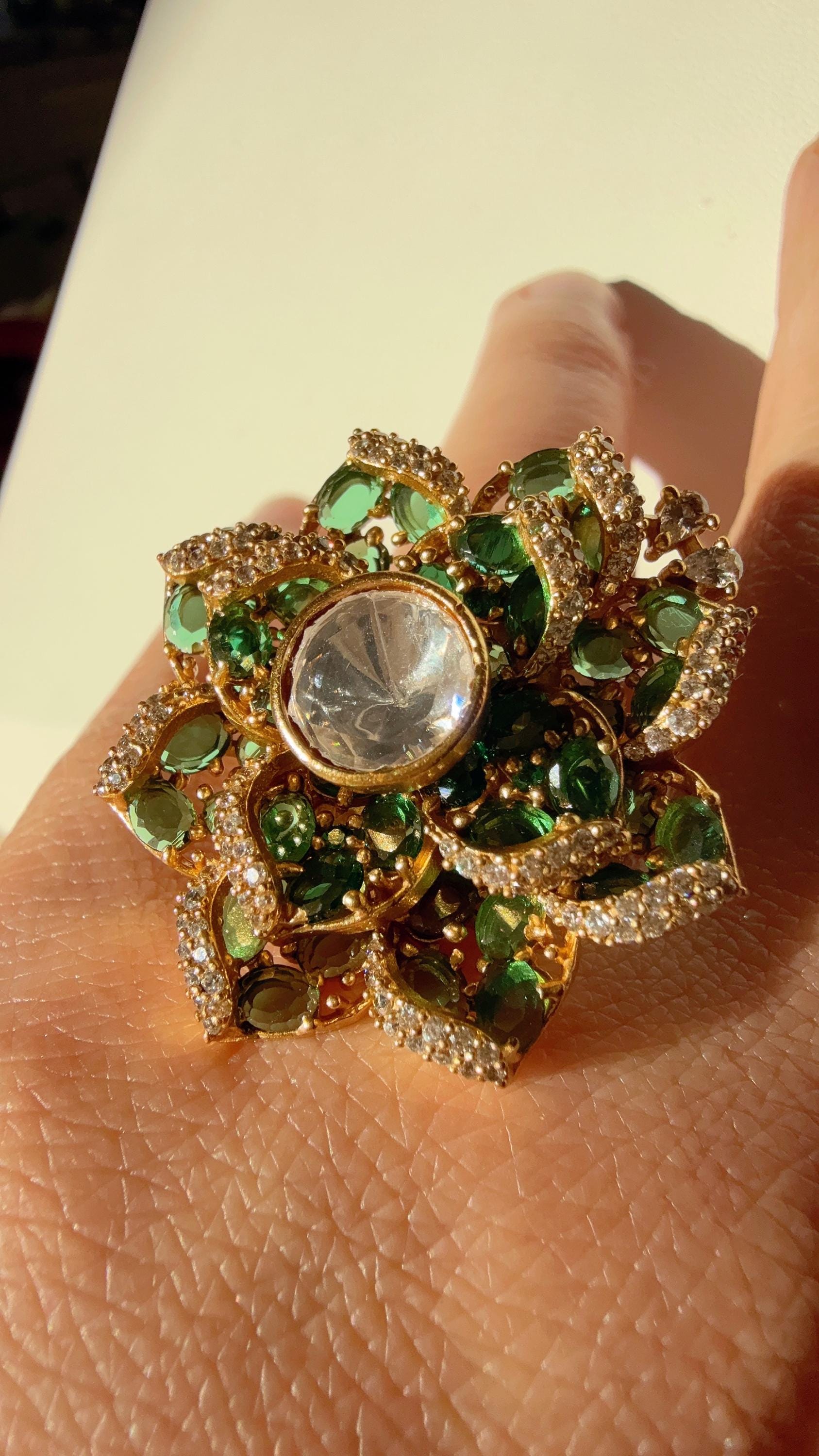 Pave setting Bridal Moissanite flower green diamond Ring /Indian Wedding jewelry/luxurious cocktail finger ring