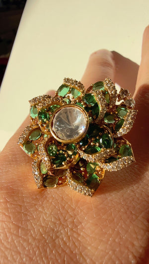 Pave setting Bridal Moissanite flower green diamond Ring /Indian Wedding jewelry/luxurious cocktail finger ring