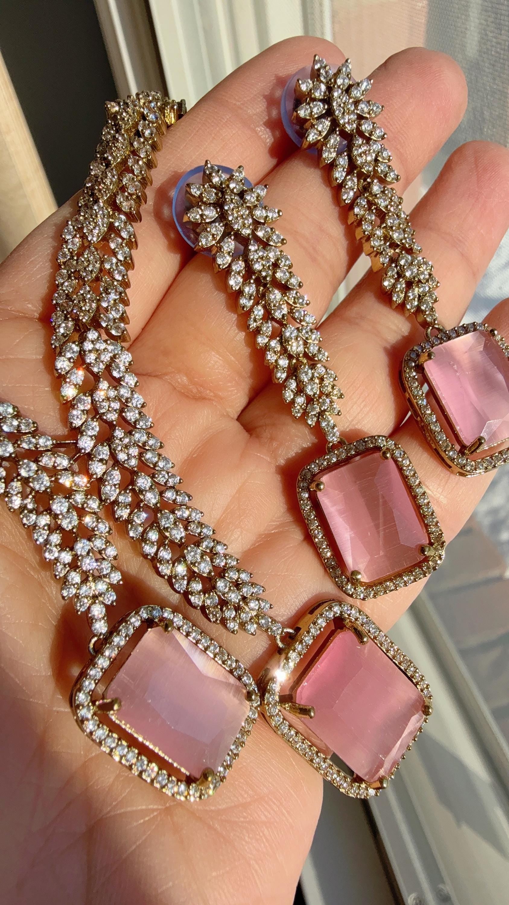 Antique Gold Baby pink diamond Necklace /Indian jewelry/ CZ Choker/Bridal choker/ Indian Necklace/Antique jewelry