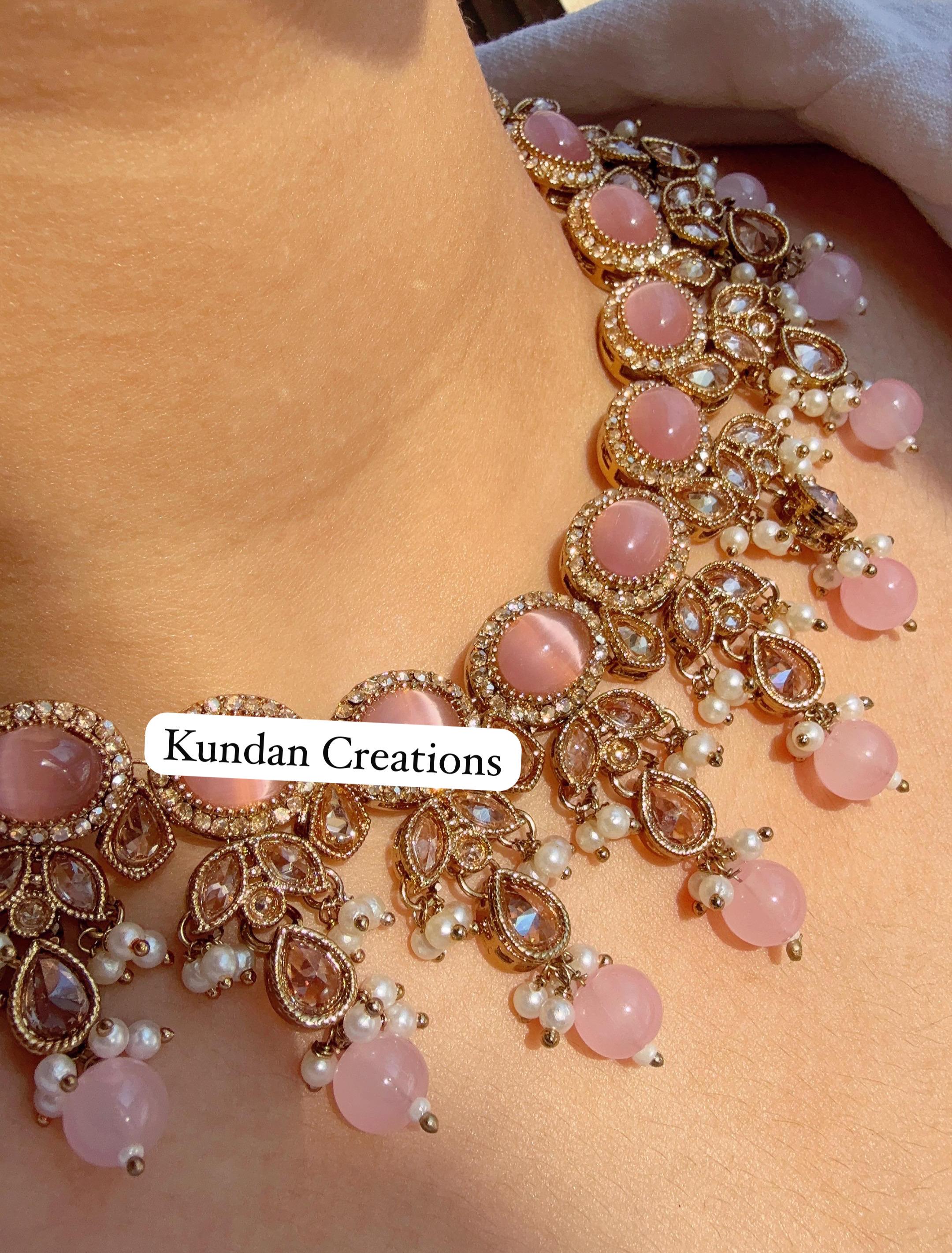 Antique Baby Pink kundan Polki Kundan necklace Set Chandbali and Tikka /bridal necklace/Indian wedding jewelry/Bridal necklace set/