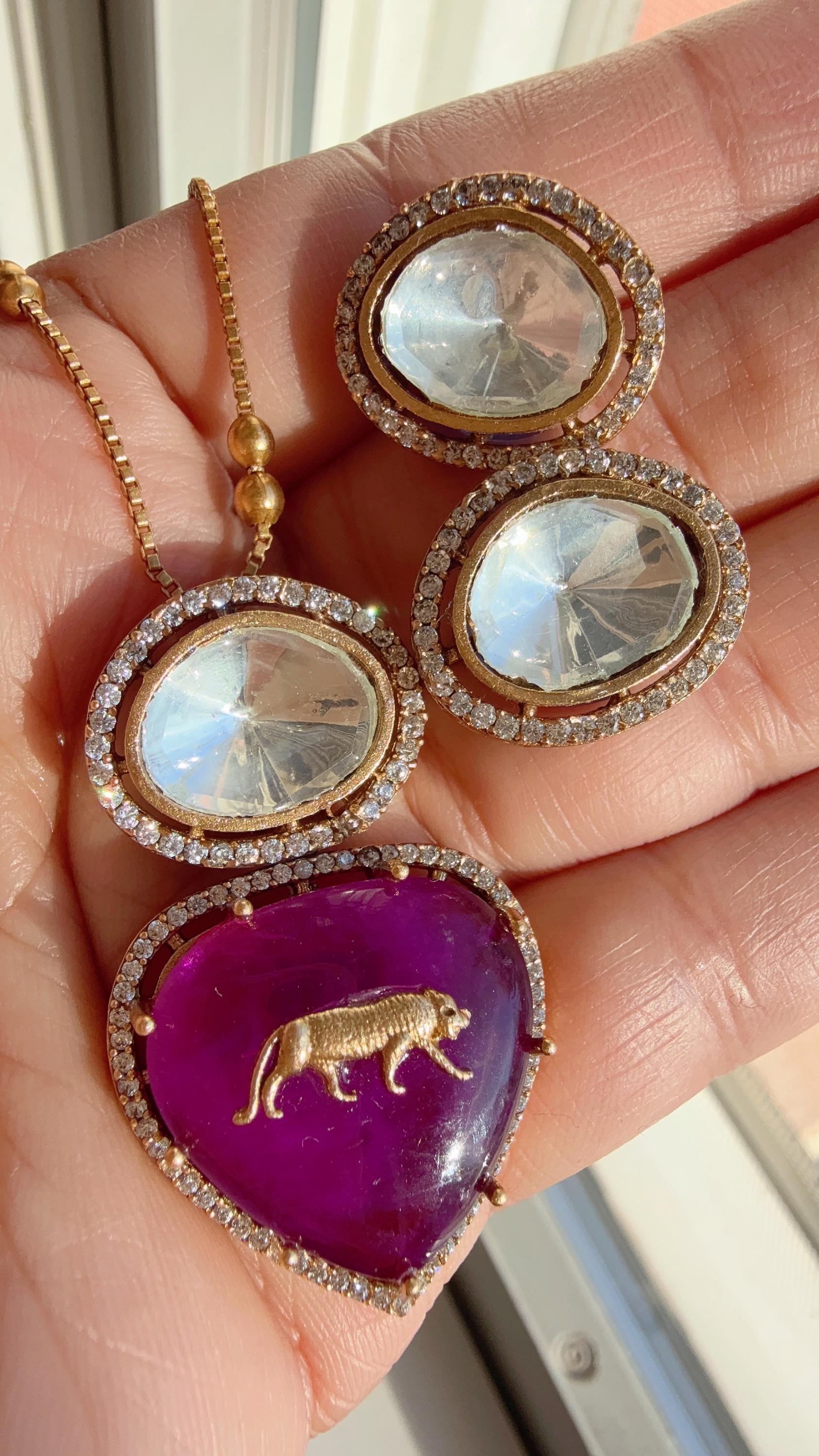 Sabyasachi Inspired Pendant Set with Jaguar on Natural Stone/Kundan Moissanite Necklace studs set / Indian Jewelry/Moissanite Pendant Set