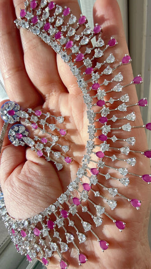 Rain Diamond Necklace silver Ruby Indian jewelry/ CZ Choker/Bridal choker/Ruby Diamond choker/ Silver Ruby diamond diamond choker