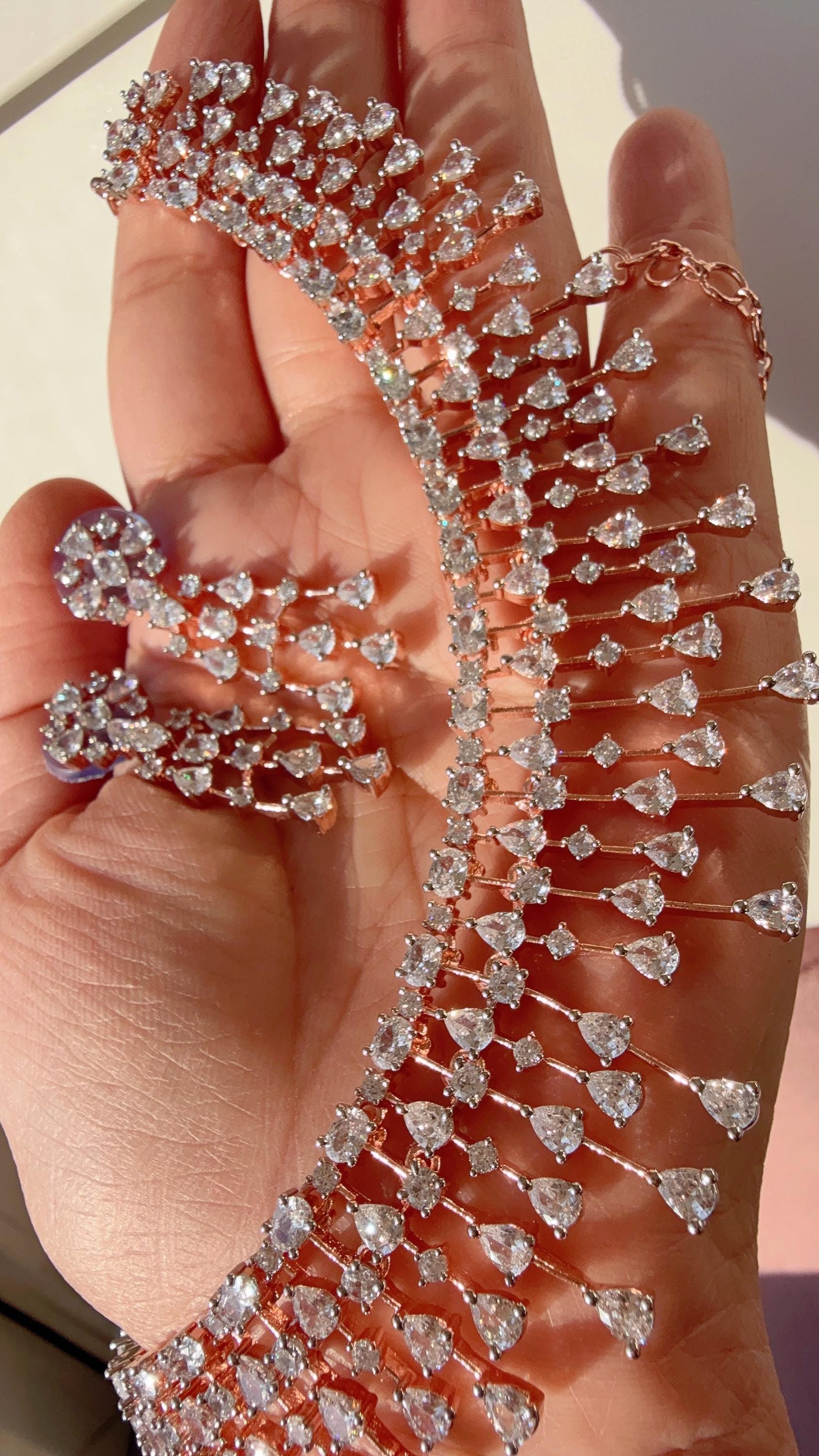 Rain Diamond Necklace Rose gold /Indian jewelry/ CZ Choker/Bridal choker/Diamond choker/ Indian Necklace/Rose diamond choker