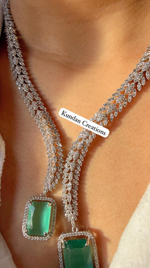 Rhodium silver Diamond Mint Necklace /Indian jewelry/ White Finish Diamond Mint Stone Necklace Set/Silver tone CZ Bridal Jewelry