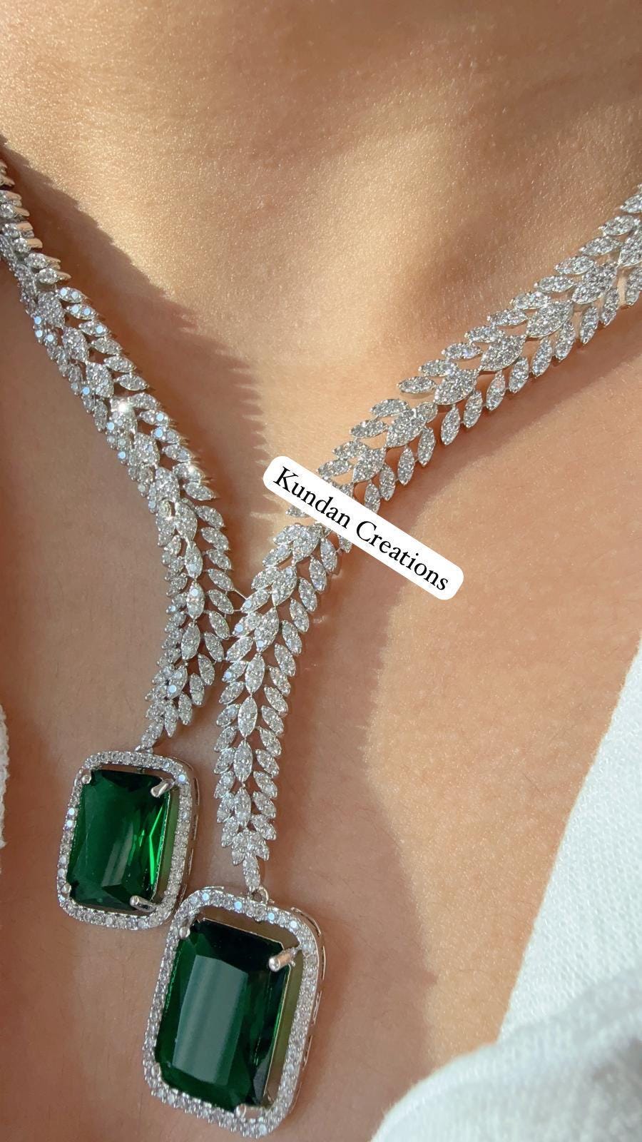 Silver Diamond emerald Necklace /Indian jewelry/ CZ 2 tone diamond Choker/Bridal choker/Diamond Jewelry / Indian Necklace/diamond necklace