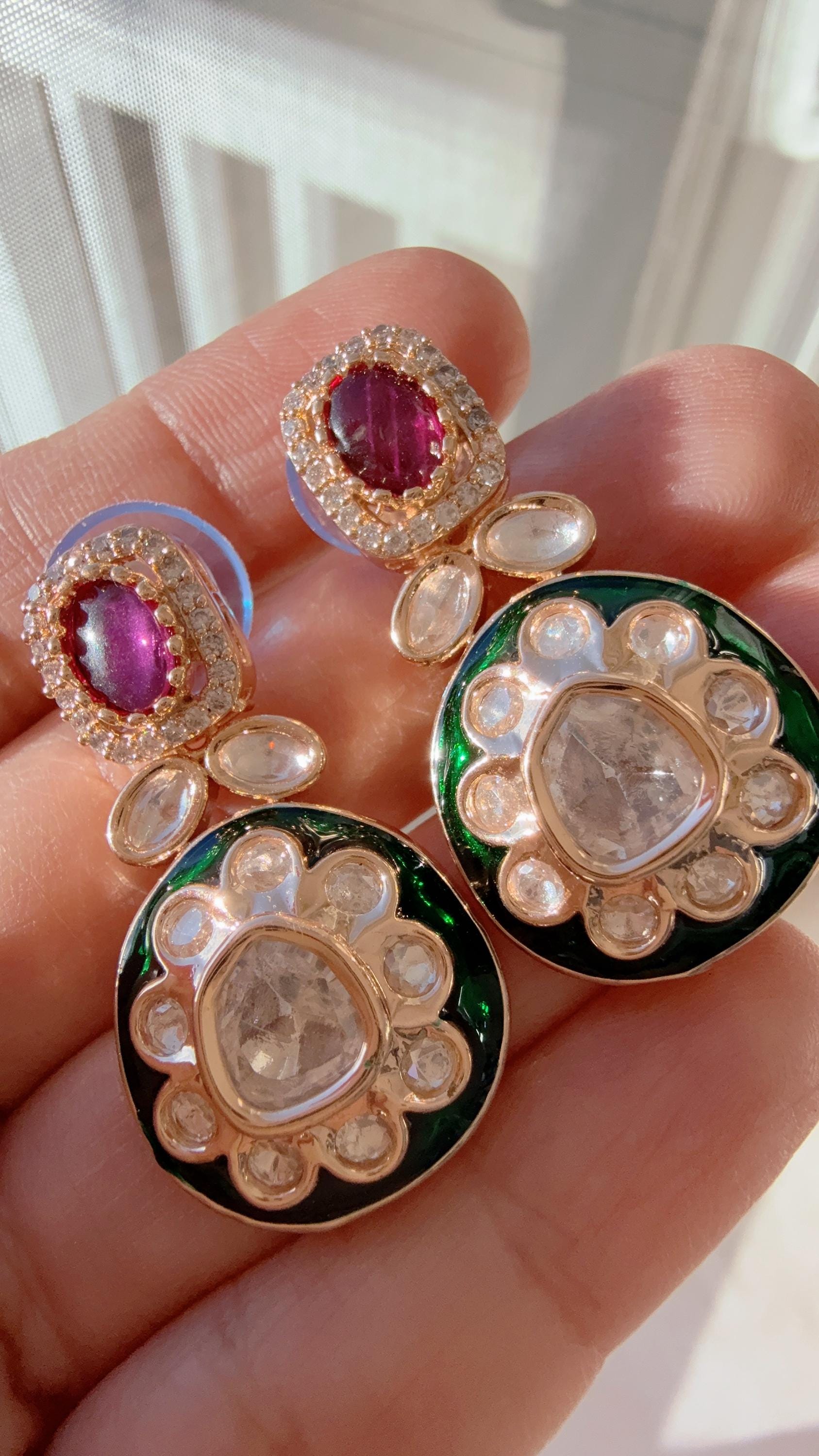 Meenakari Work Drop Earrings Next to real /Ruby Green chand bali /Meenakari work Moissanite Earrings/Bridal Diamond earrings