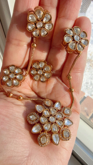 Premium Moissanite Pendant Set/Kundan Stone long chain Necklace/ Indian Bridal Jewelry/Uncut Moissanite Polki Kundan Wedding Jewelry