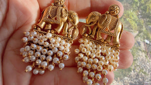 Rajwadi finish Traditional Elephant Pearl Earrings/pearls Jhumkas /Indian wedding/Kundan Jhumka/ gold jhumka