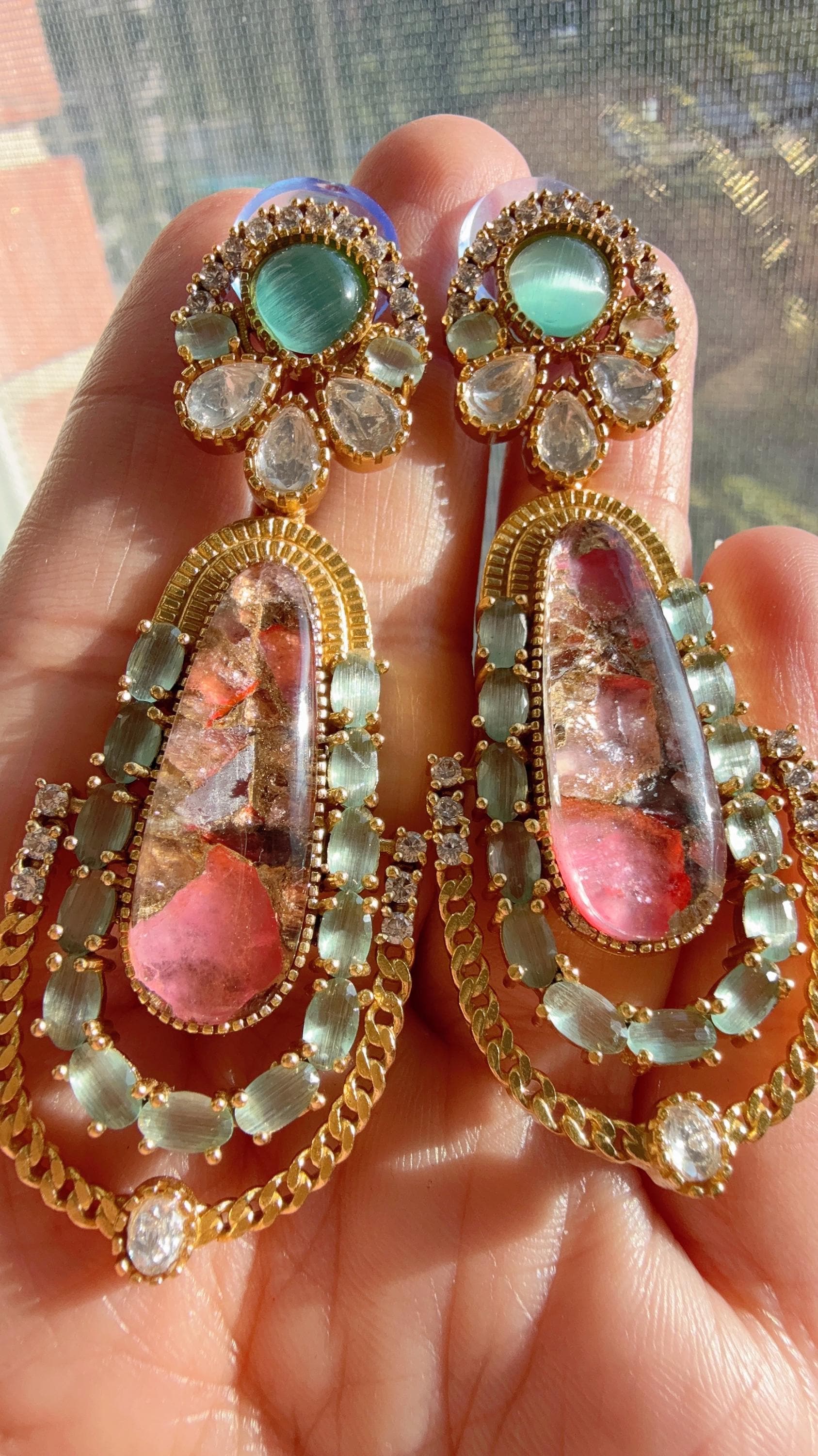Sabyasachi-Inspired Moissanite Mint Pink and Black Earrings/Elegant Statement Jewelry/ Moissanite Multi Earrings/Bridal Diamond earrings