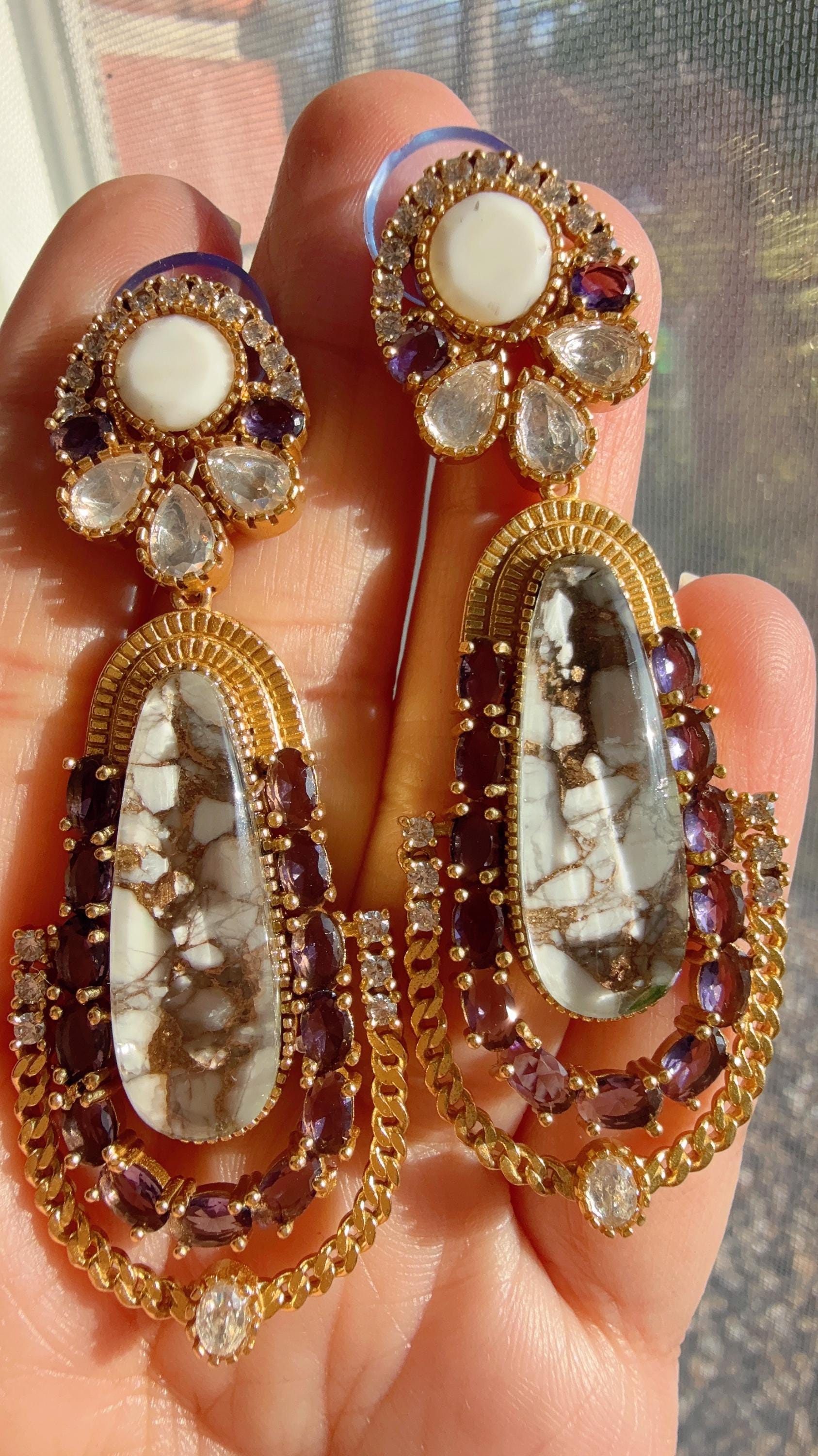 Sabyasachi-Inspired Moissanite Mother of Pearl & Purple Earrings/Elegant Statement Jewelry/ Moissanite Multi Earrings/Bridal Diamond earring