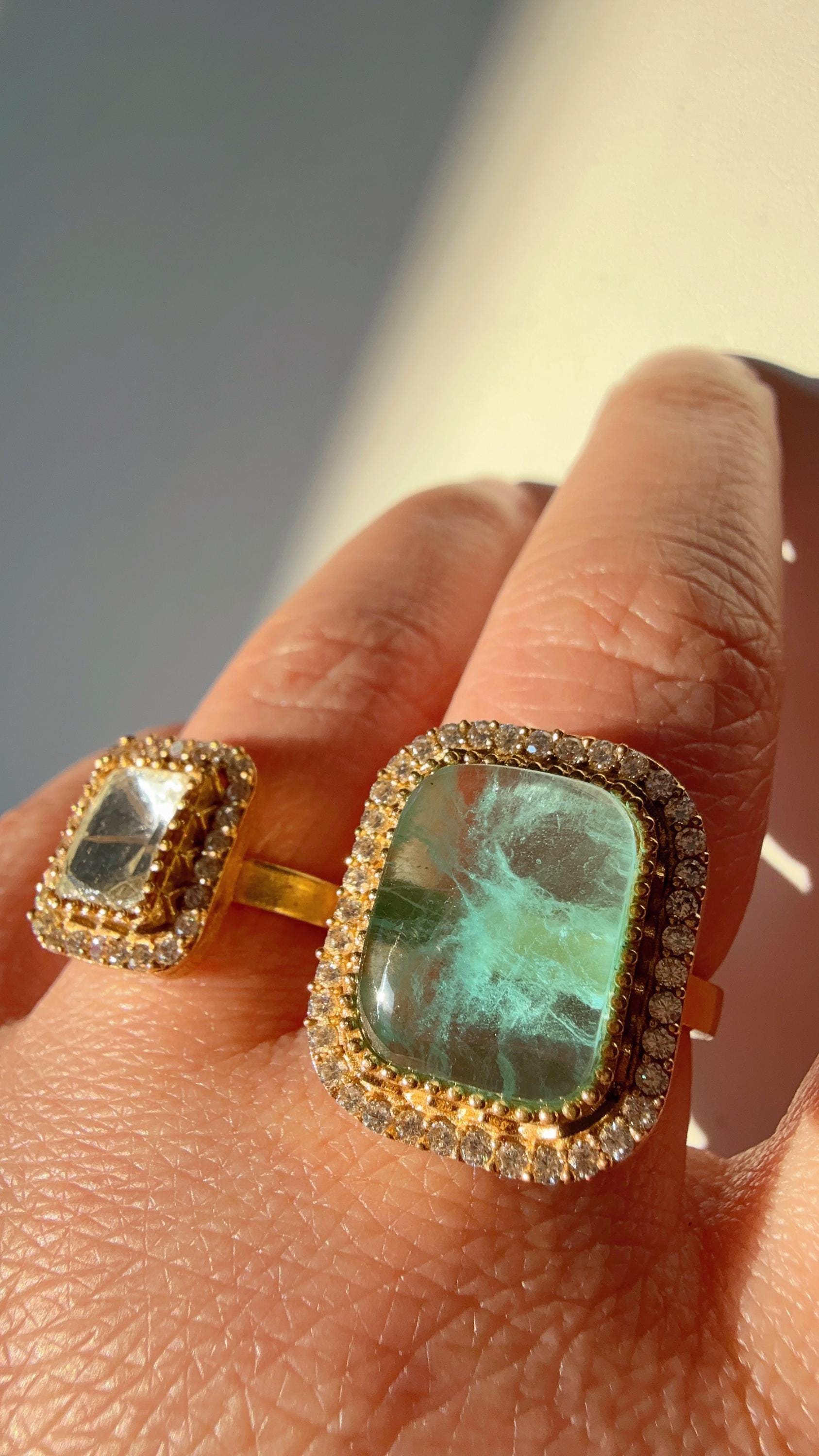 Kundan Moissanite doublet Light Mint diamond Ring/Adjustable Ring/Double Finger Kundan Ring /Indian Wedding jewelry/ Kundan ring