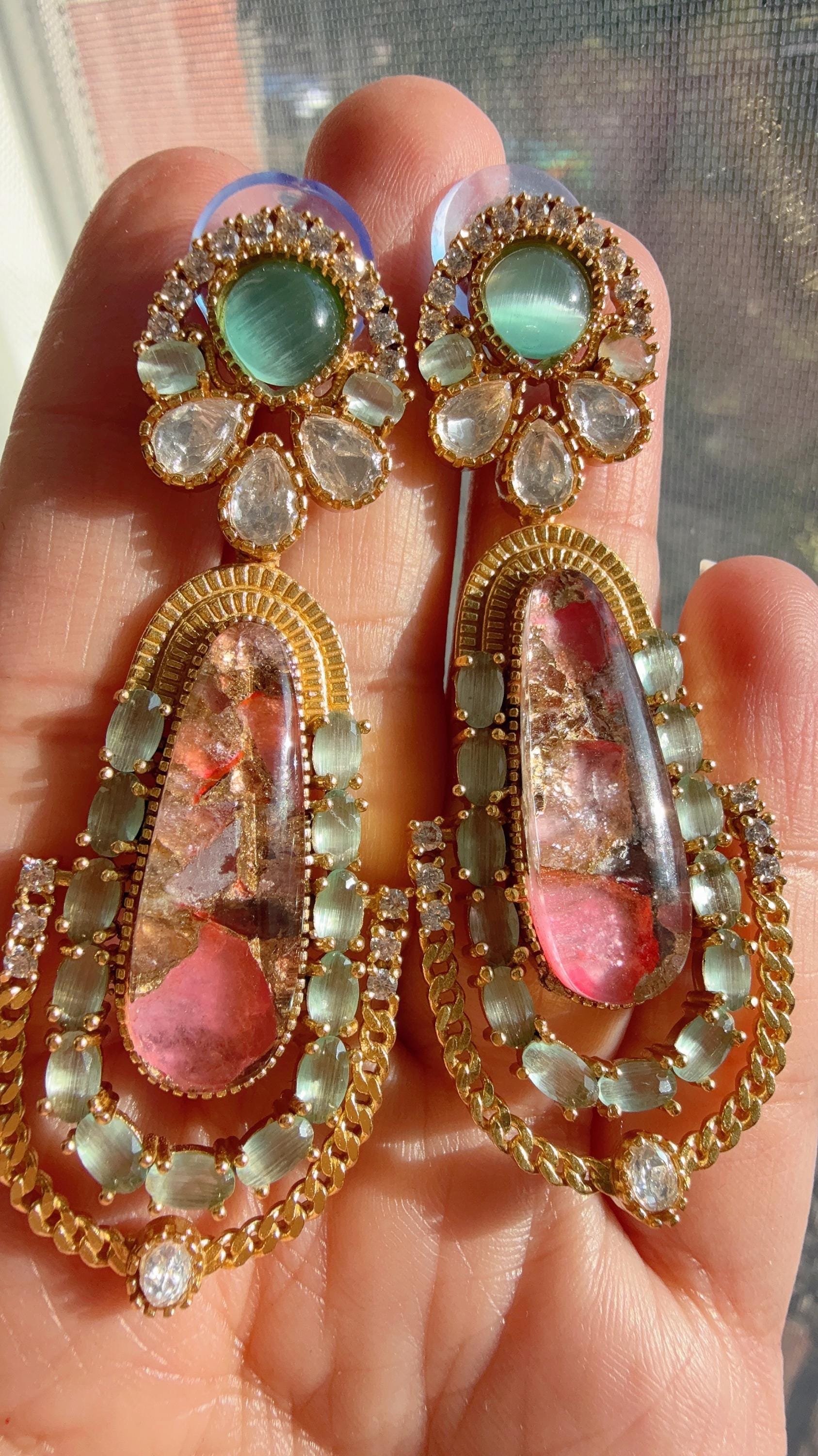 Sabyasachi-Inspired Moissanite Mint Pink and Black Earrings/Elegant Statement Jewelry/ Moissanite Multi Earrings/Bridal Diamond earrings