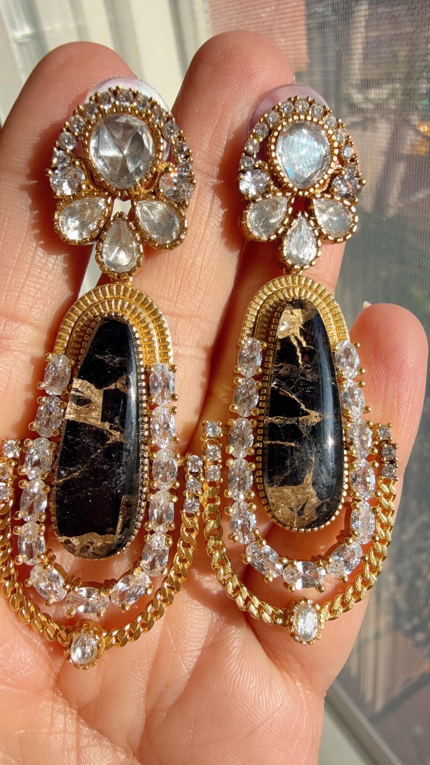 Sabyasachi-Inspired Moissanite Black Earrings/Elegant Statement Jewelry/ Moissanite Multi Earrings/Bridal Diamond earrings