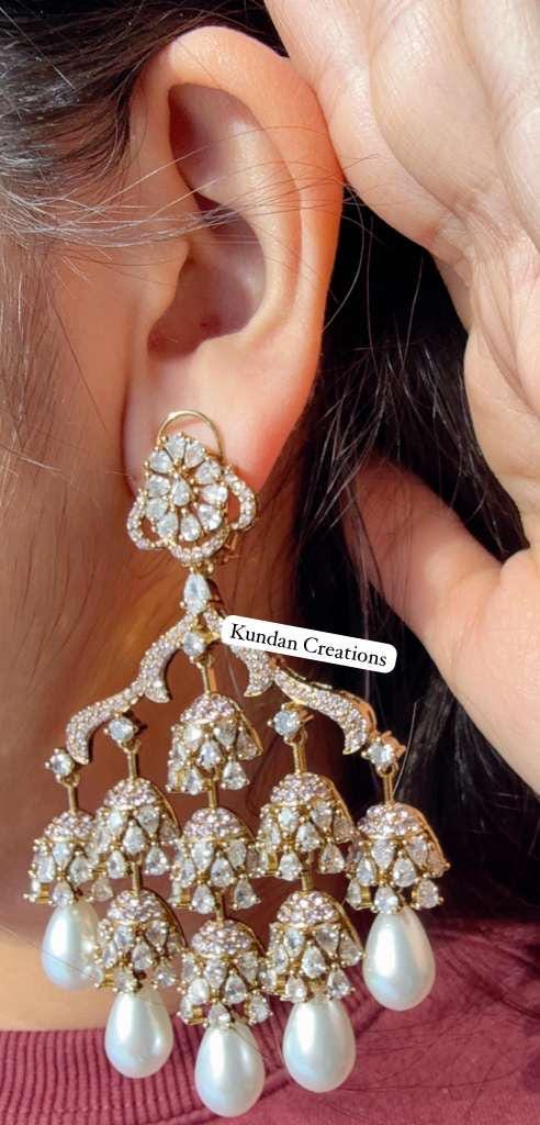 Faith Antique look Diamond Pearl Chandelier / Diamond Baby pink Chandbali Chandelier Earrings/Luxury Bridal Jewelry/Indian jhumka