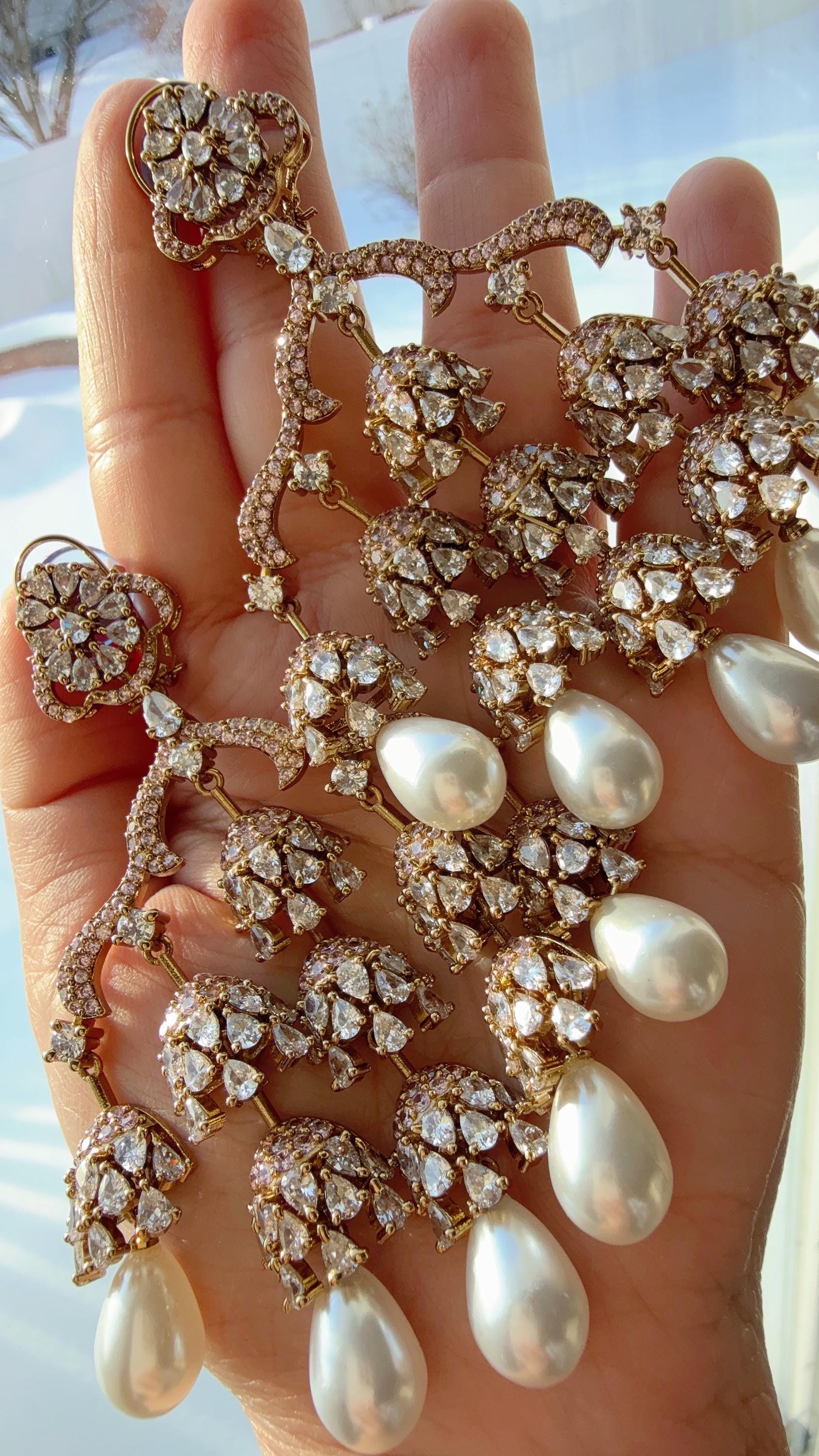 Faith Antique look Diamond Pearl Chandelier / Diamond Baby pink Chandbali Chandelier Earrings/Luxury Bridal Jewelry/Indian jhumka