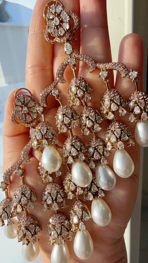 Faith Antique look Diamond Pearl Chandelier / Diamond Baby pink Chandbali Chandelier Earrings/Luxury Bridal Jewelry/Indian jhumka