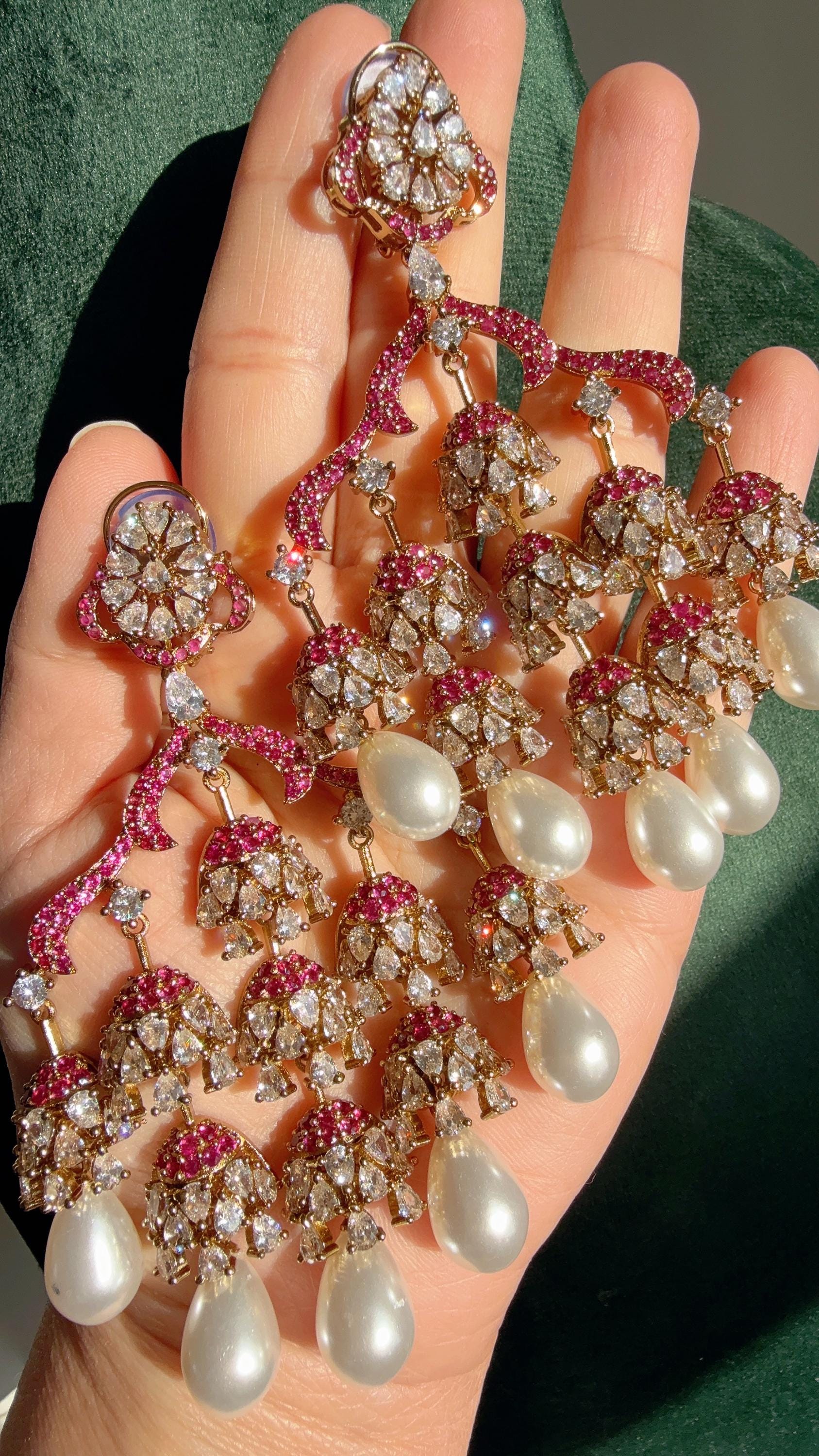 Faith Antique look Simulated Diamond Pearl Chandelier / Diamond Ruby Chandbali Chandelier Earrings/Luxury Bridal Jewelry/Indian jhumka
