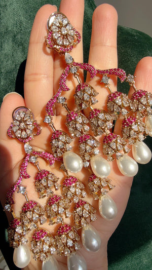Faith Antique look Simulated Diamond Pearl Chandelier / Diamond Ruby Chandbali Chandelier Earrings/Luxury Bridal Jewelry/Indian jhumka